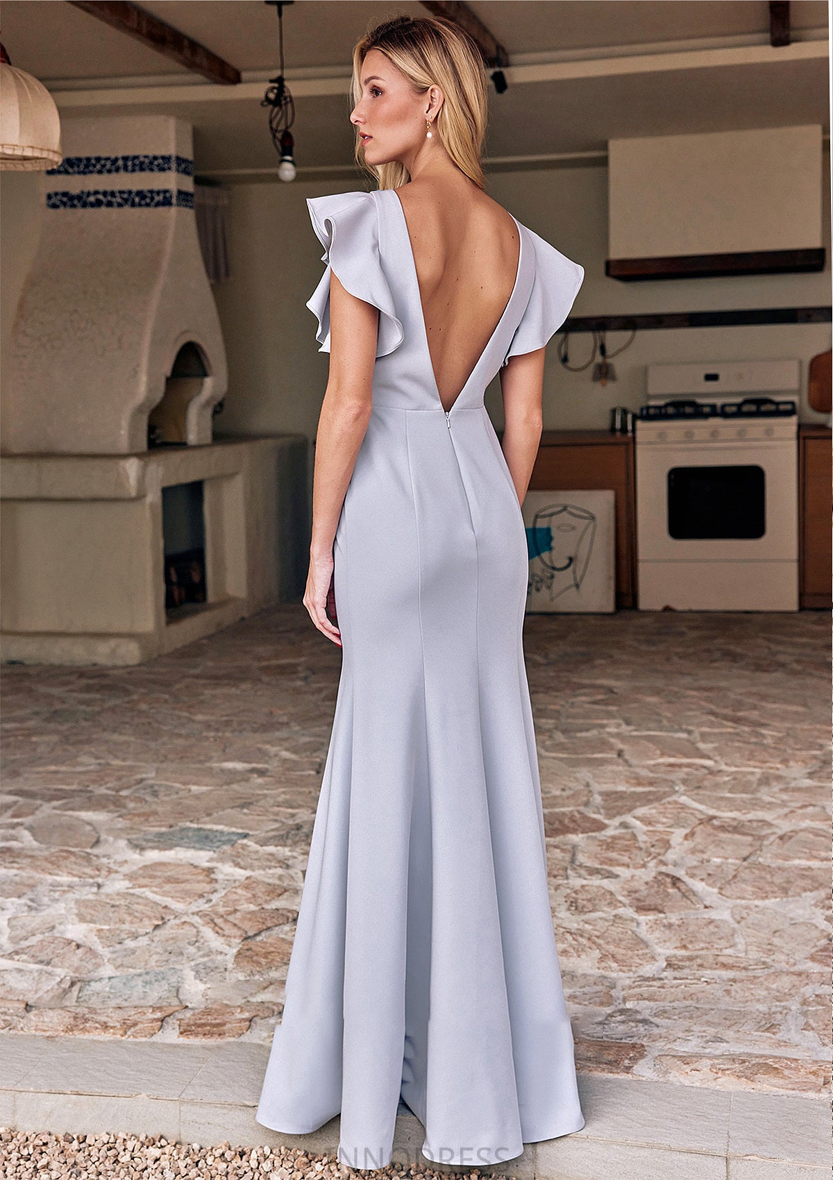 Trumpet/Mermaid Scoop Neck Short Sleeve Floor-Length Stretch Crepe Bridesmaid Dresses with Pleated Ruffles Kaila DPP0025244