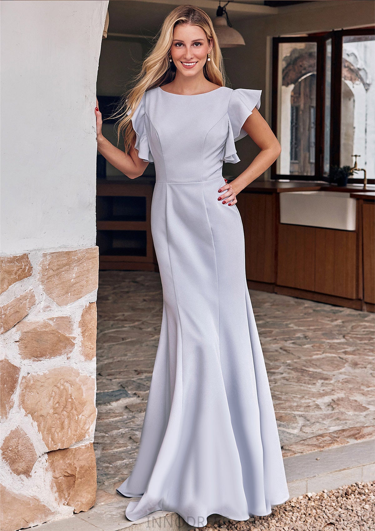 Trumpet/Mermaid Scoop Neck Short Sleeve Floor-Length Stretch Crepe Bridesmaid Dresses with Pleated Ruffles Kaila DPP0025244