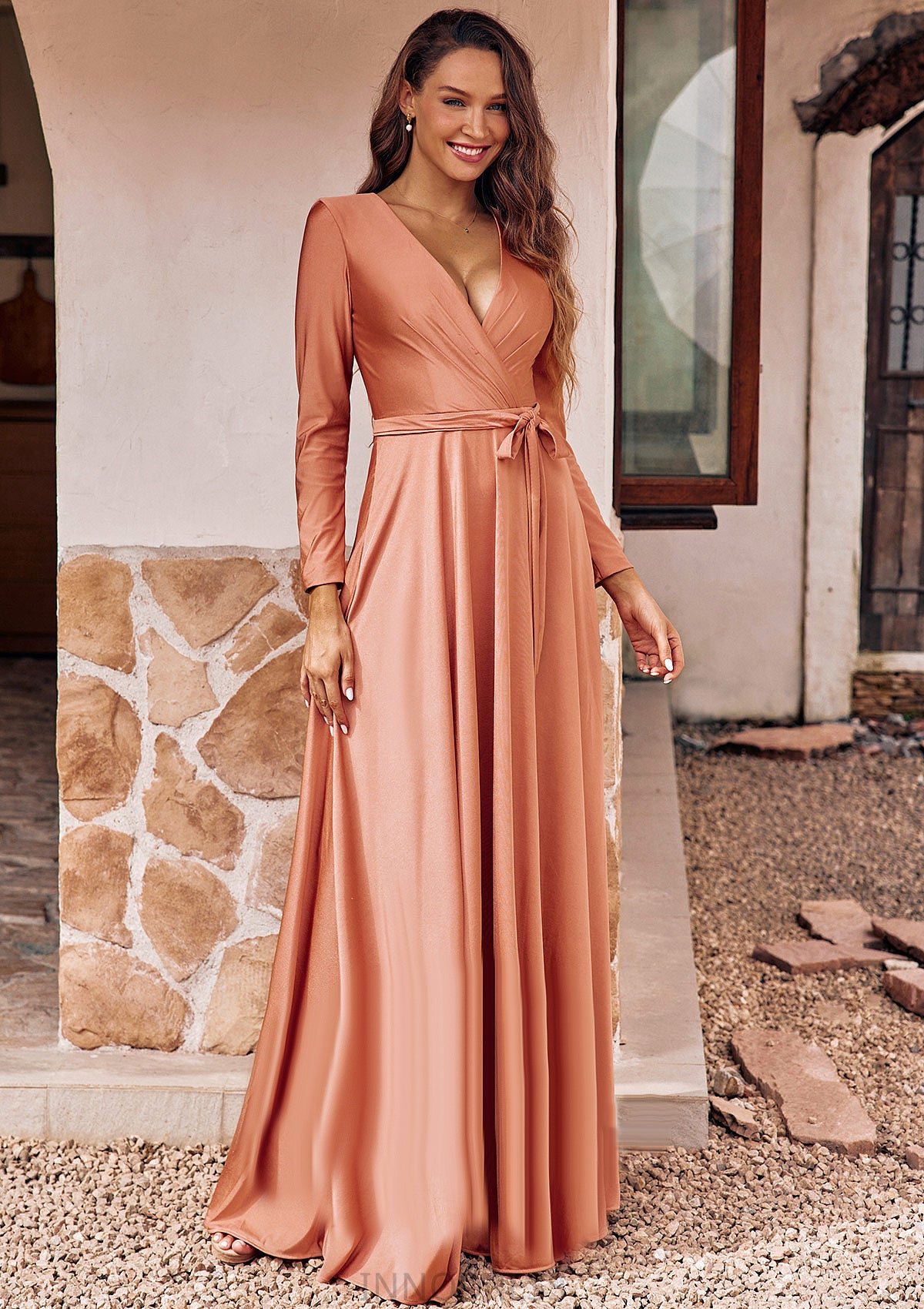 A-line V Neck Full/Long Sleeve Floor-Length Jersey Bridesmaid Dresses with Pleated Sashes Jan DPP0025246