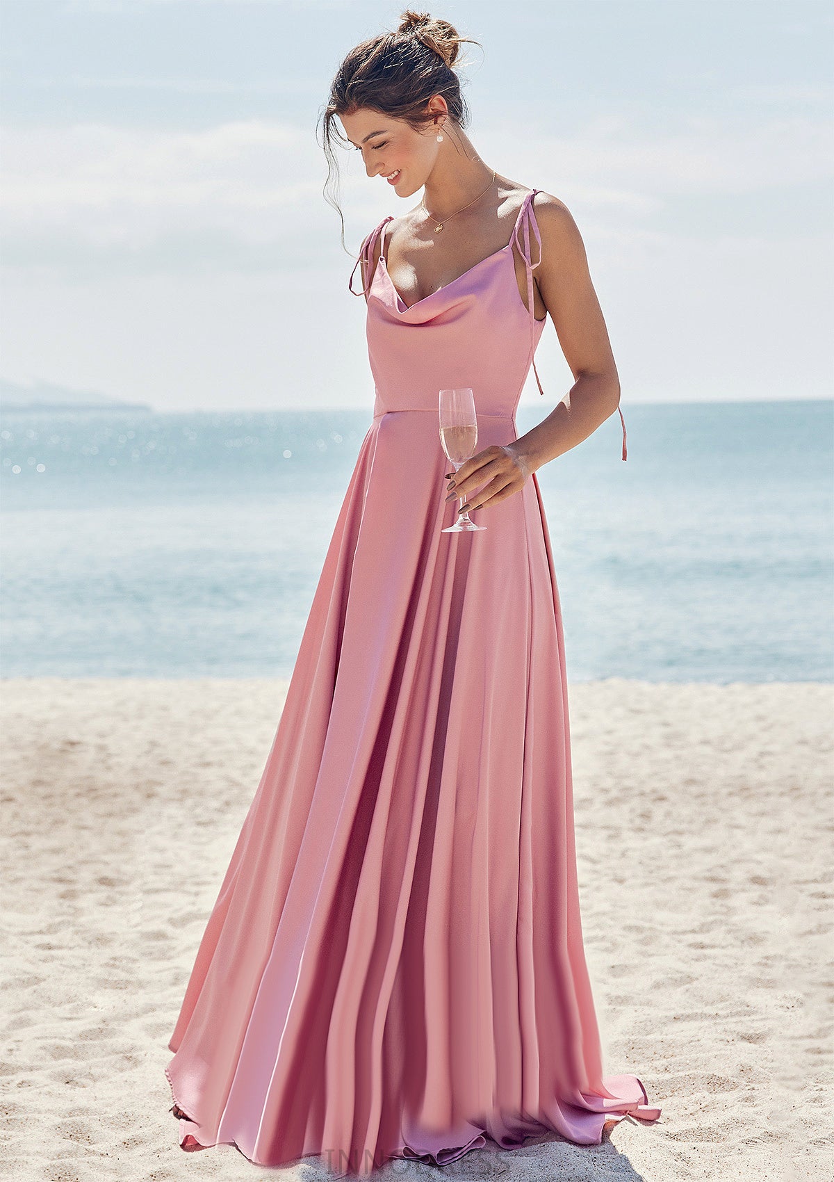 A-line V Neck Sleeveless Floor-Length Stretch Satin Bridesmaid Dresses with Split Mylie DPP0025247