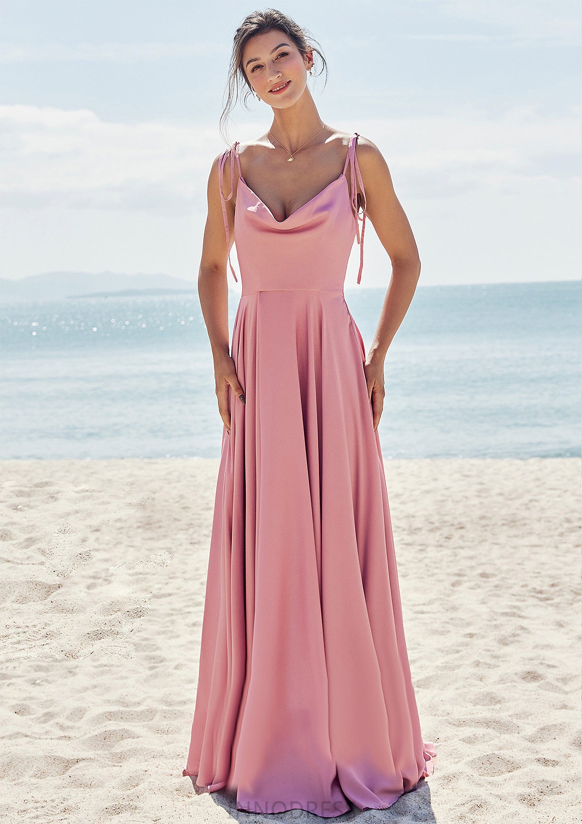 A-line V Neck Sleeveless Floor-Length Stretch Satin Bridesmaid Dresses with Split Mylie DPP0025247