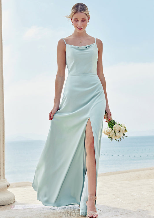 A-line Square Neckline Sleeveless Floor-Length Stretch Satin Bridesmaid Dresses with Split Viv DPP0025248