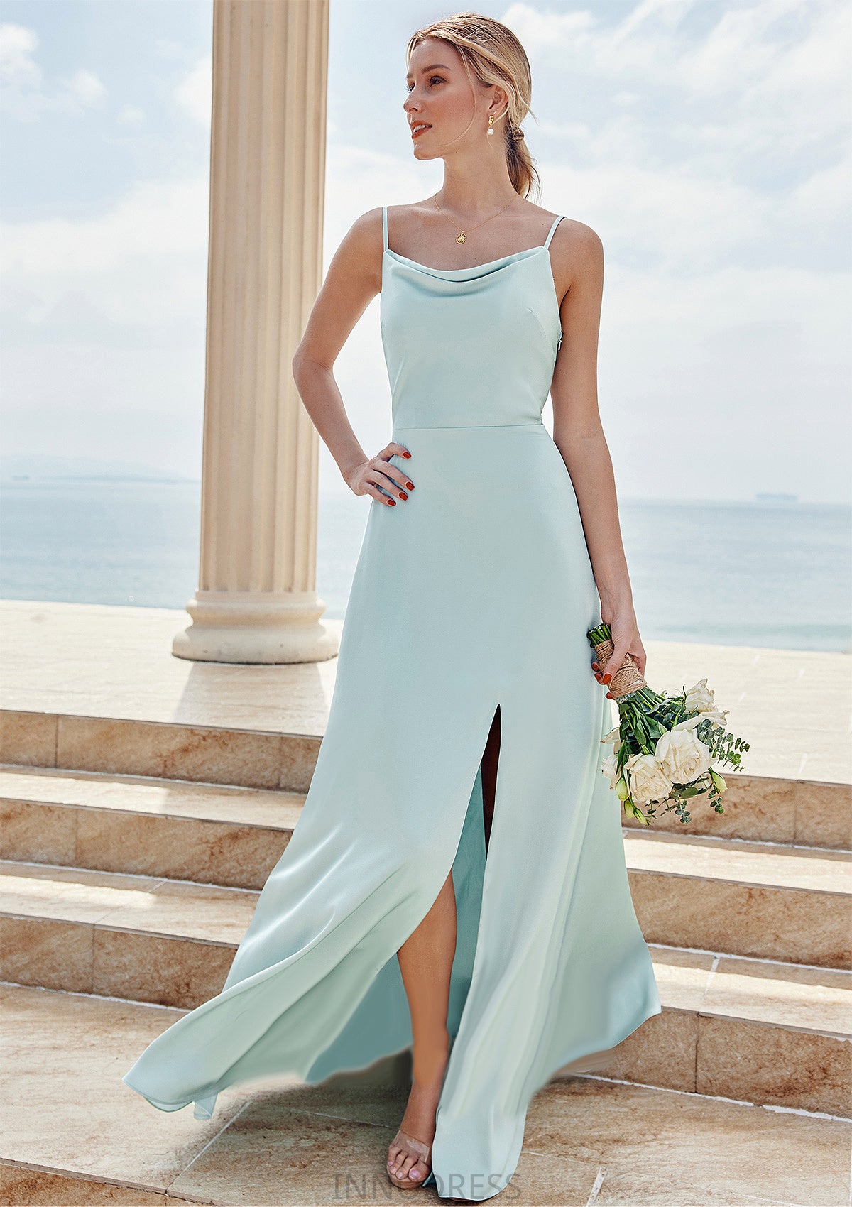 A-line Square Neckline Sleeveless Floor-Length Stretch Satin Bridesmaid Dresses with Split Viv DPP0025248