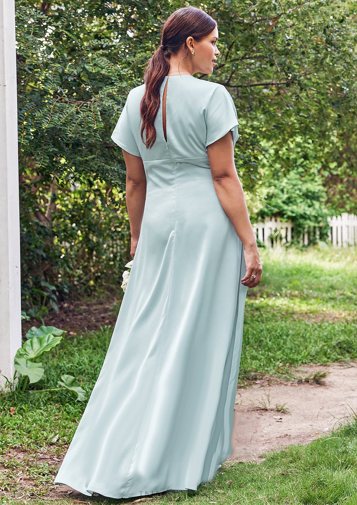 Empire V Neck Short Sleeve Floor-Length Stretch Satin Bridesmaid Dresses with Split Rachael DPP0025249