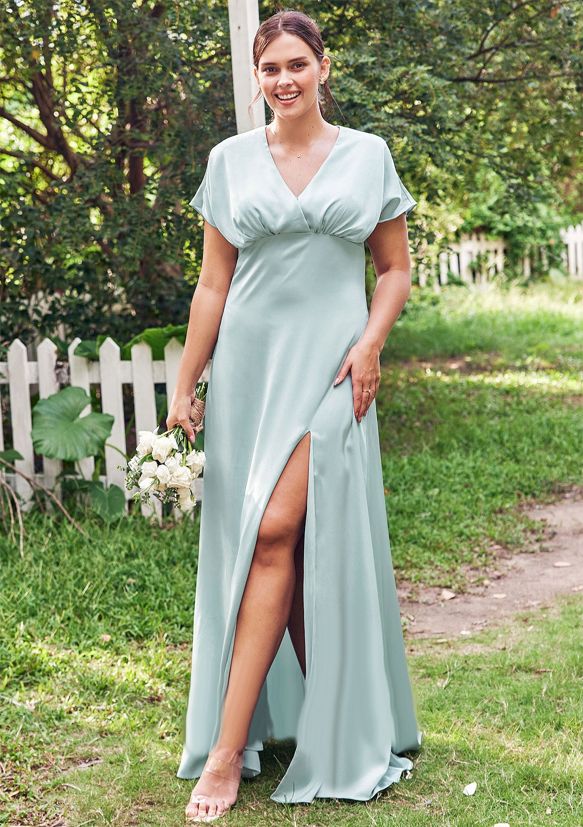 Empire V Neck Short Sleeve Floor-Length Stretch Satin Bridesmaid Dresses with Split Rachael DPP0025249