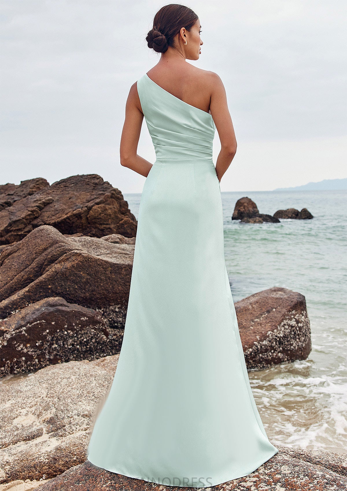 Sheath/Column One-Shoulder Sleeveless Floor-Length Stretch Satin Bridesmaid Dresses with Pleated Split Moriah DPP0025251