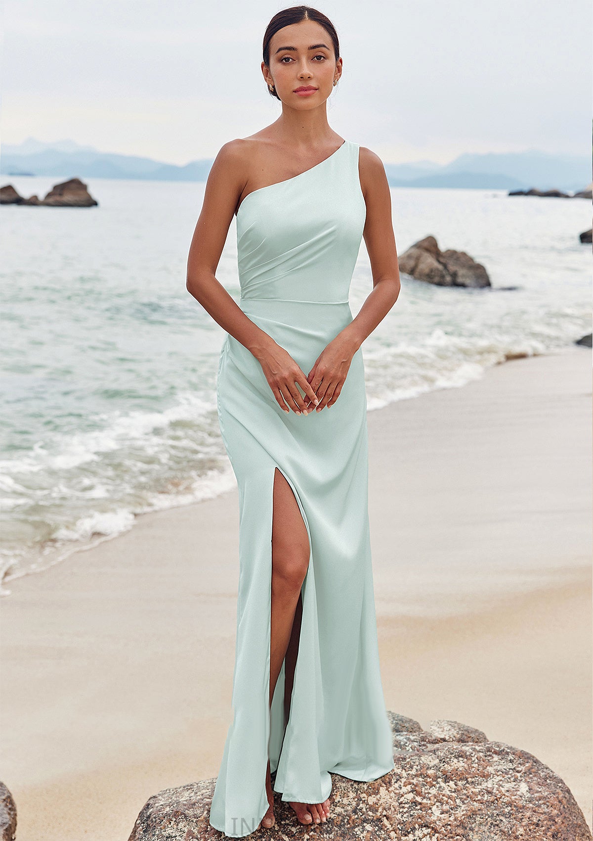 Sheath/Column One-Shoulder Sleeveless Floor-Length Stretch Satin Bridesmaid Dresses with Pleated Split Moriah DPP0025251