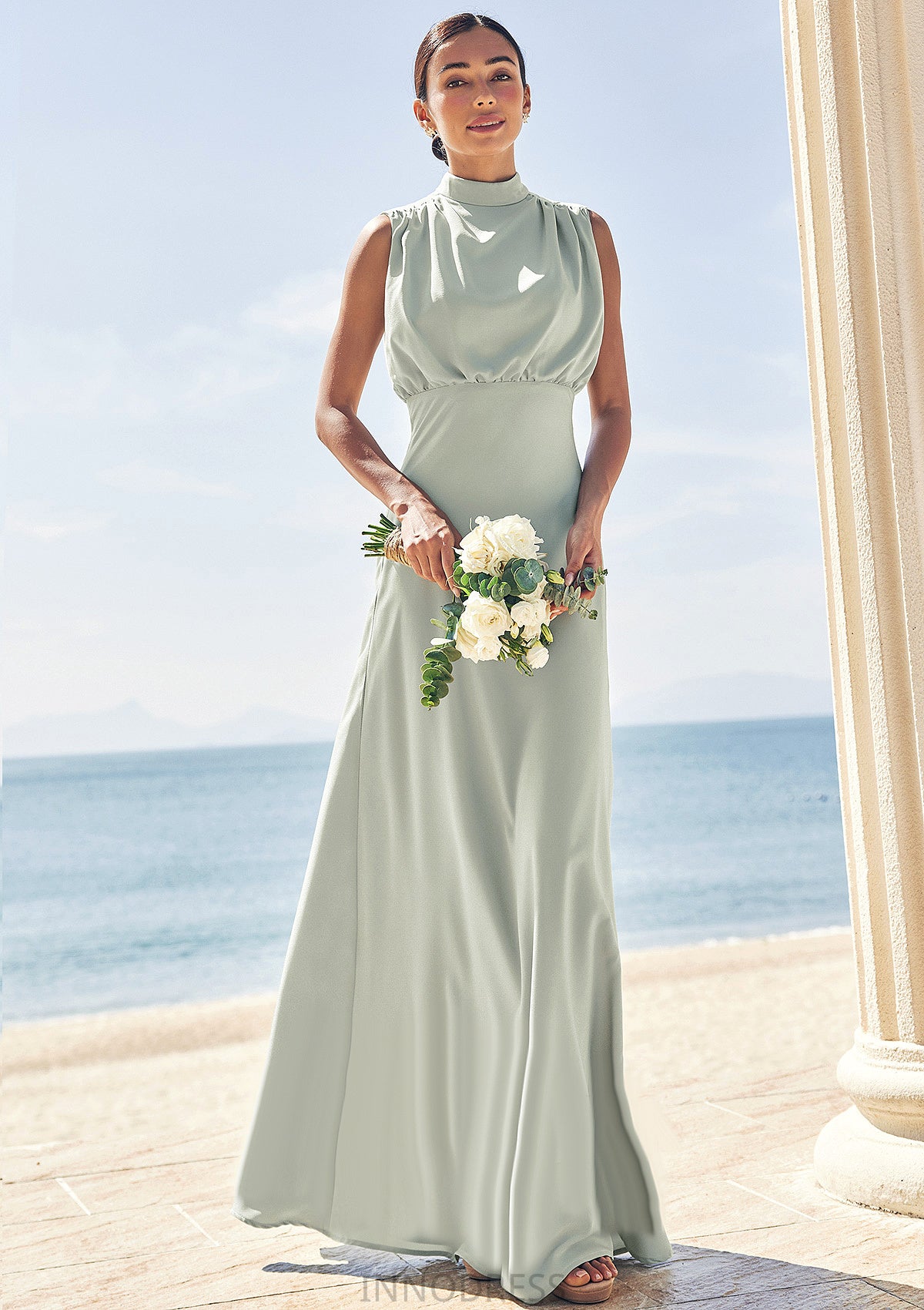 A-line High-Neck Sleeveless Floor-Length Stretch Satin Bridesmaid Dresses Madalyn DPP0025252