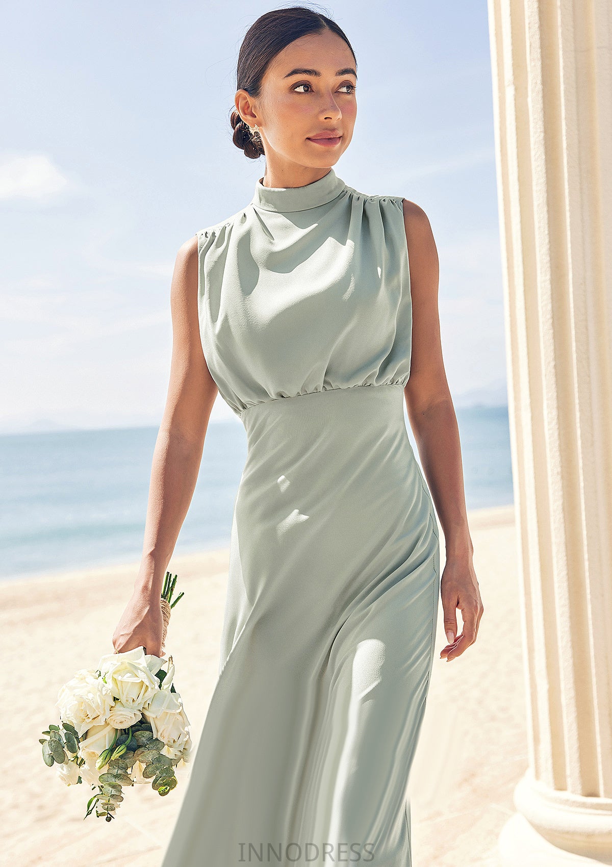 A-line High-Neck Sleeveless Floor-Length Stretch Satin Bridesmaid Dresses Madalyn DPP0025252