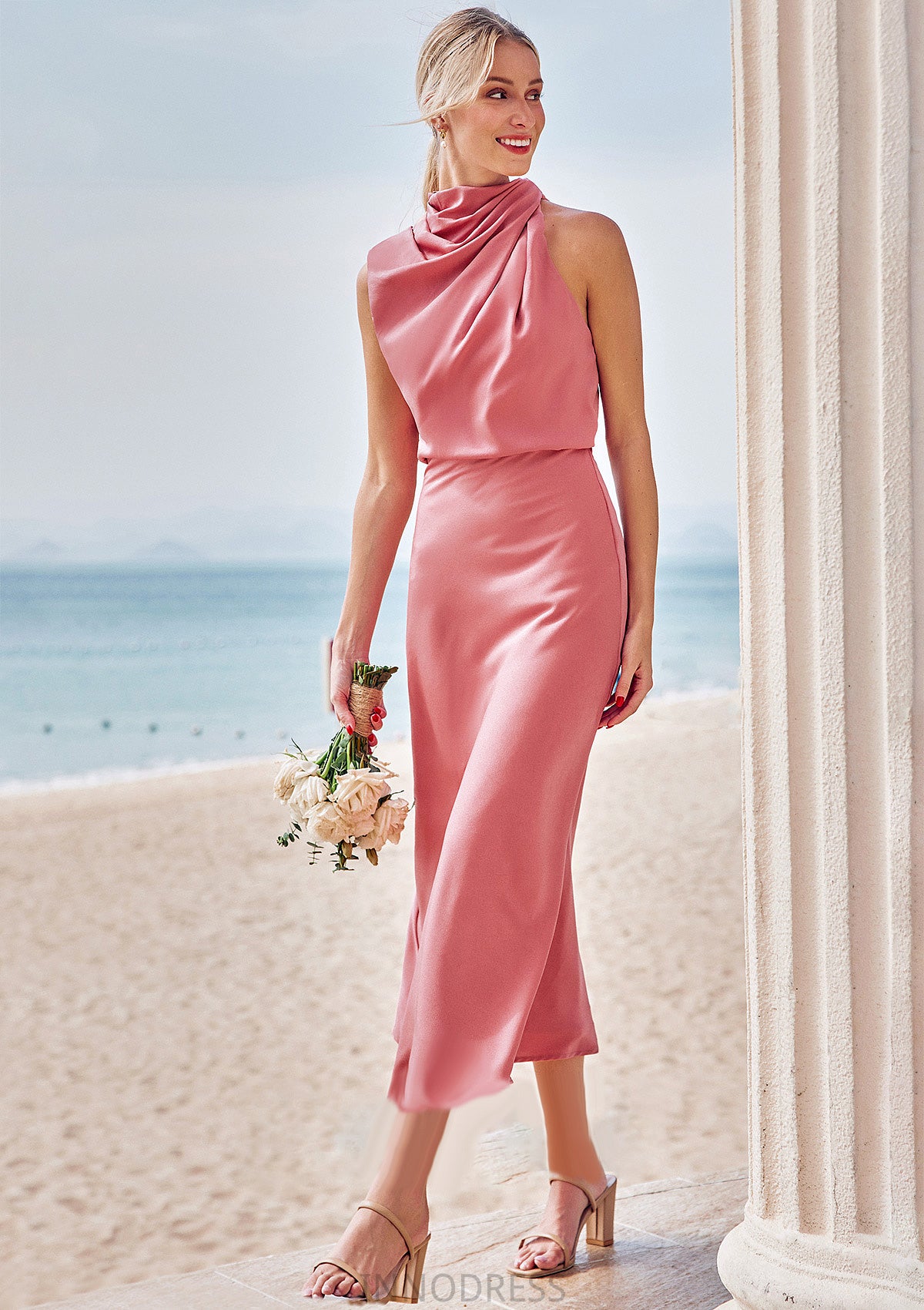 Sheath/Column High-Neck Sleeveless Tea-Length Stretch Satin Bridesmaid Dresses with Pleated Ada DPP0025257