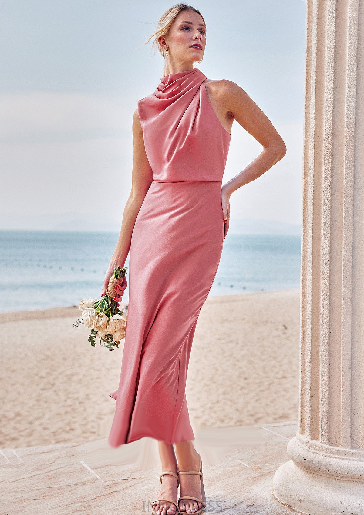 Sheath/Column High-Neck Sleeveless Tea-Length Stretch Satin Bridesmaid Dresses with Pleated Ada DPP0025257