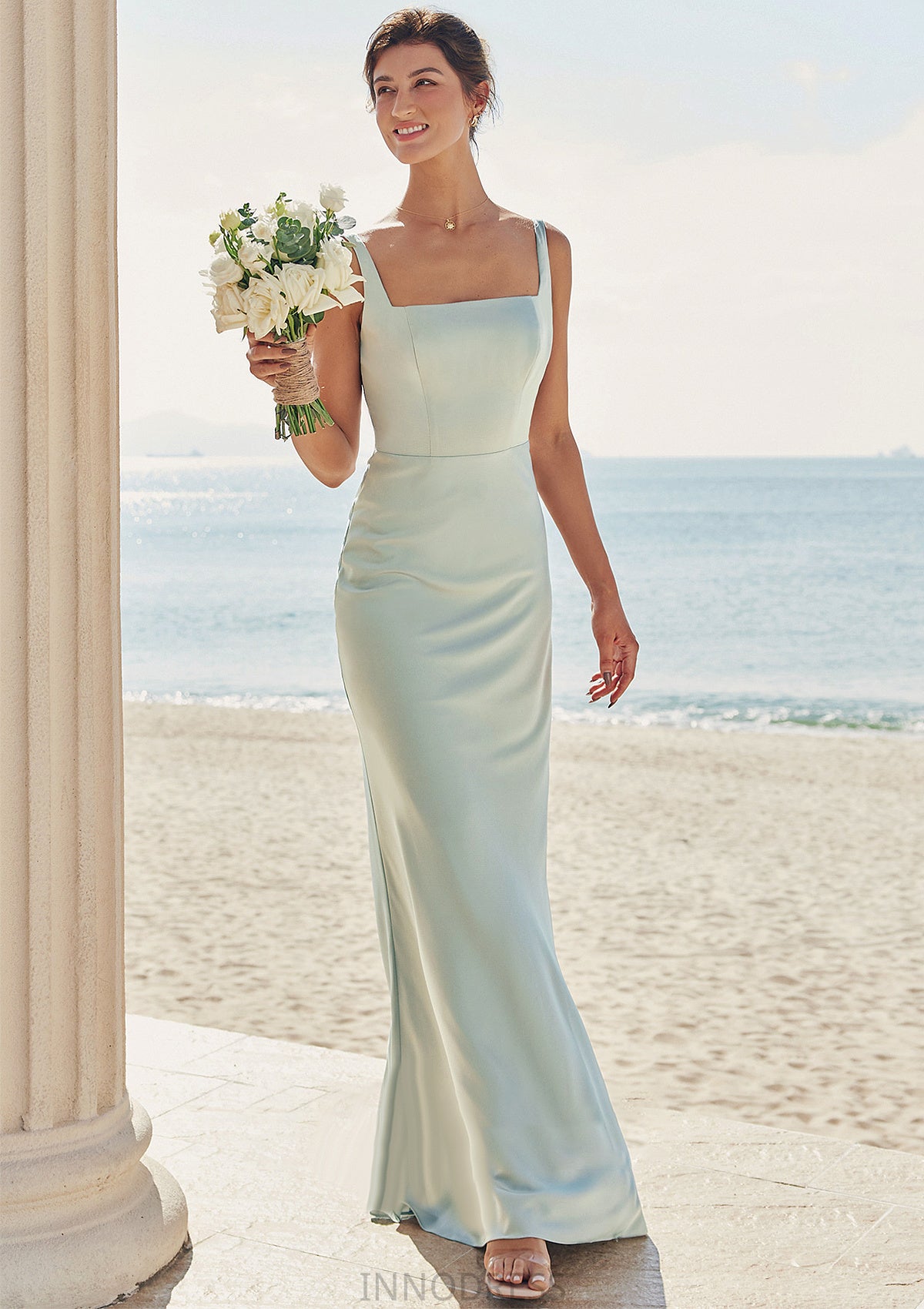 Sheath/Column Square Neckline Sleeveless Floor-Length Stretch Satin Bridesmaid Dresses Aliya DPP0025262