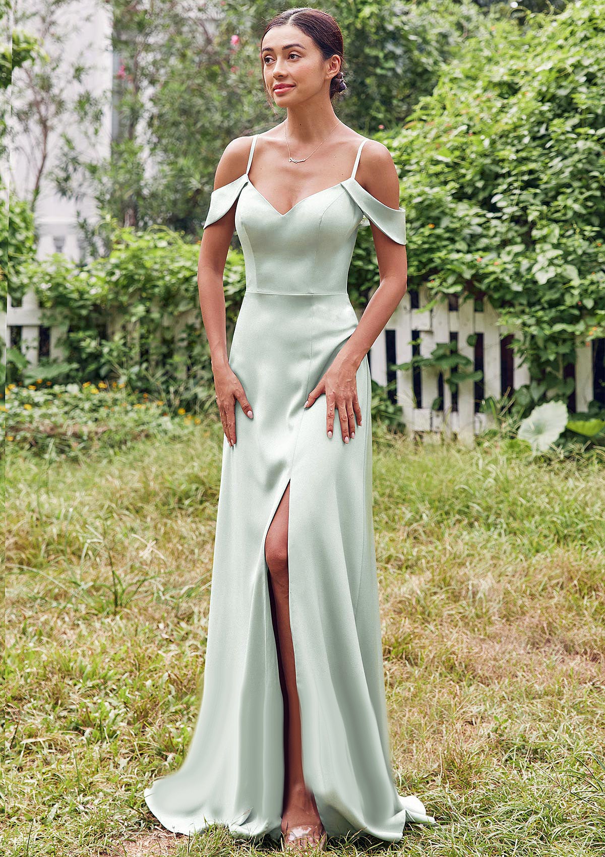 A-line V Neck Sleeveless Floor-Length Stretch Satin Bridesmaid Dresses with Split Brittany DPP0025263