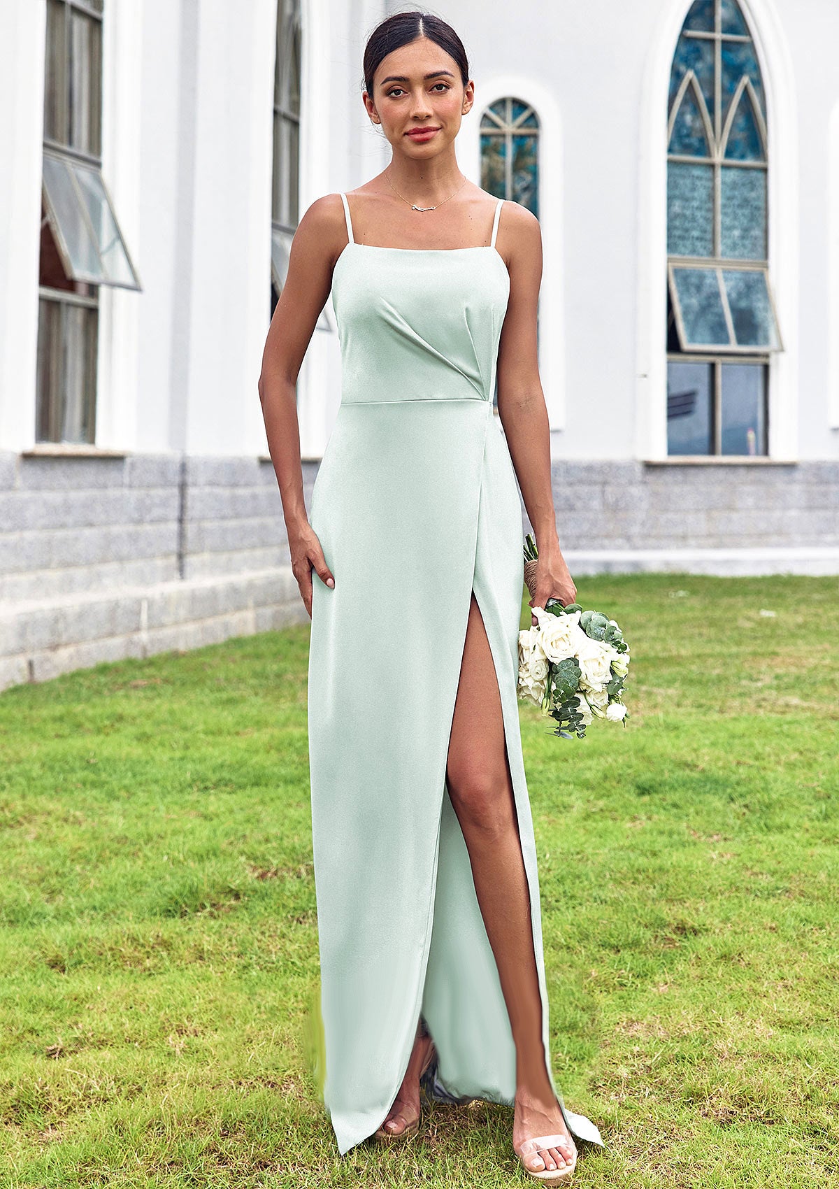 Sheath/Column Square Neckline Sleeveless Floor-Length Stretch Satin Bridesmaid Dresses with Pleated Split Everleigh DPP0025264