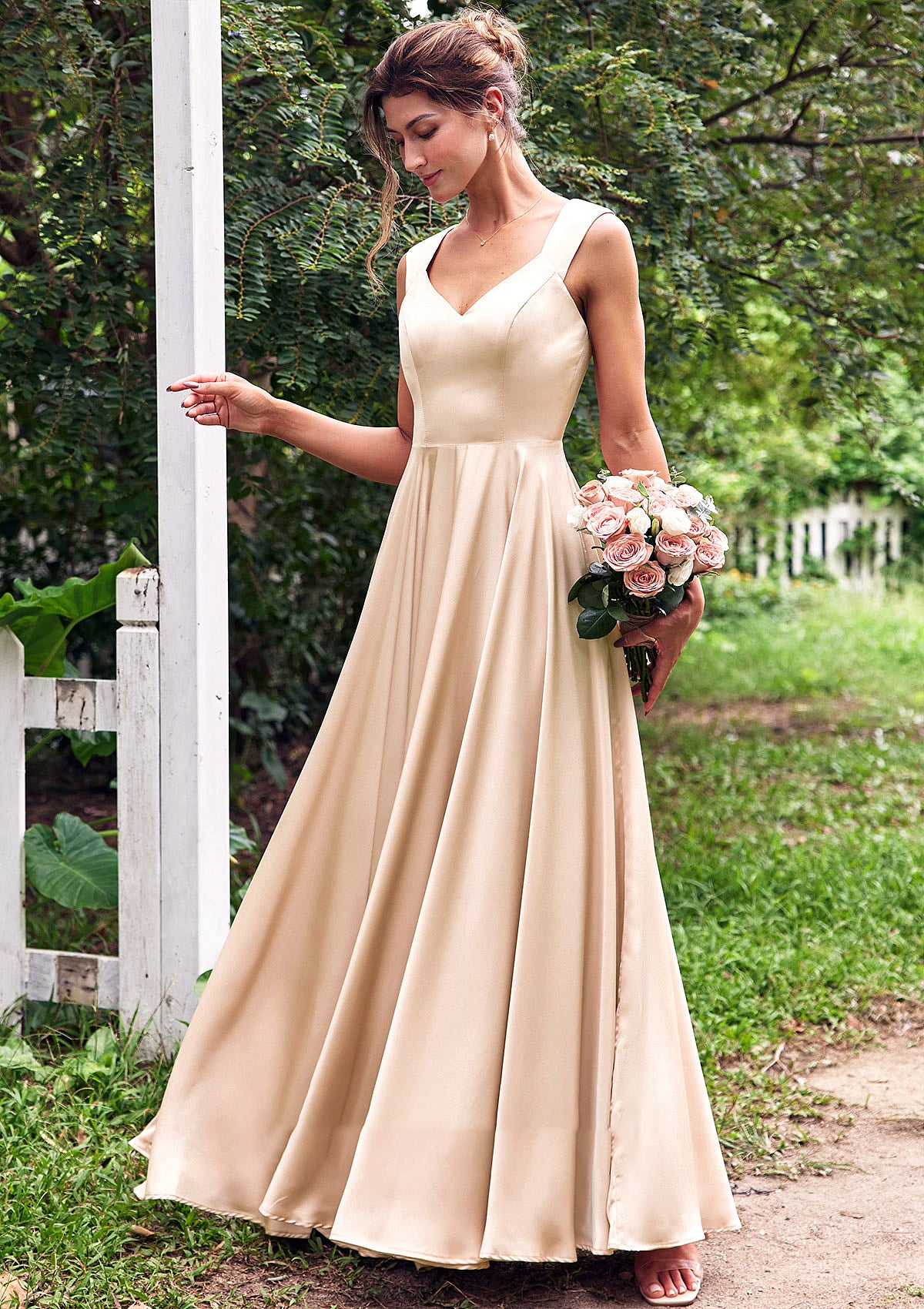 A-line V Neck Sleeveless Floor-Length Stretch Satin Bridesmaid Dresses with Pleated Marianna DPP0025266