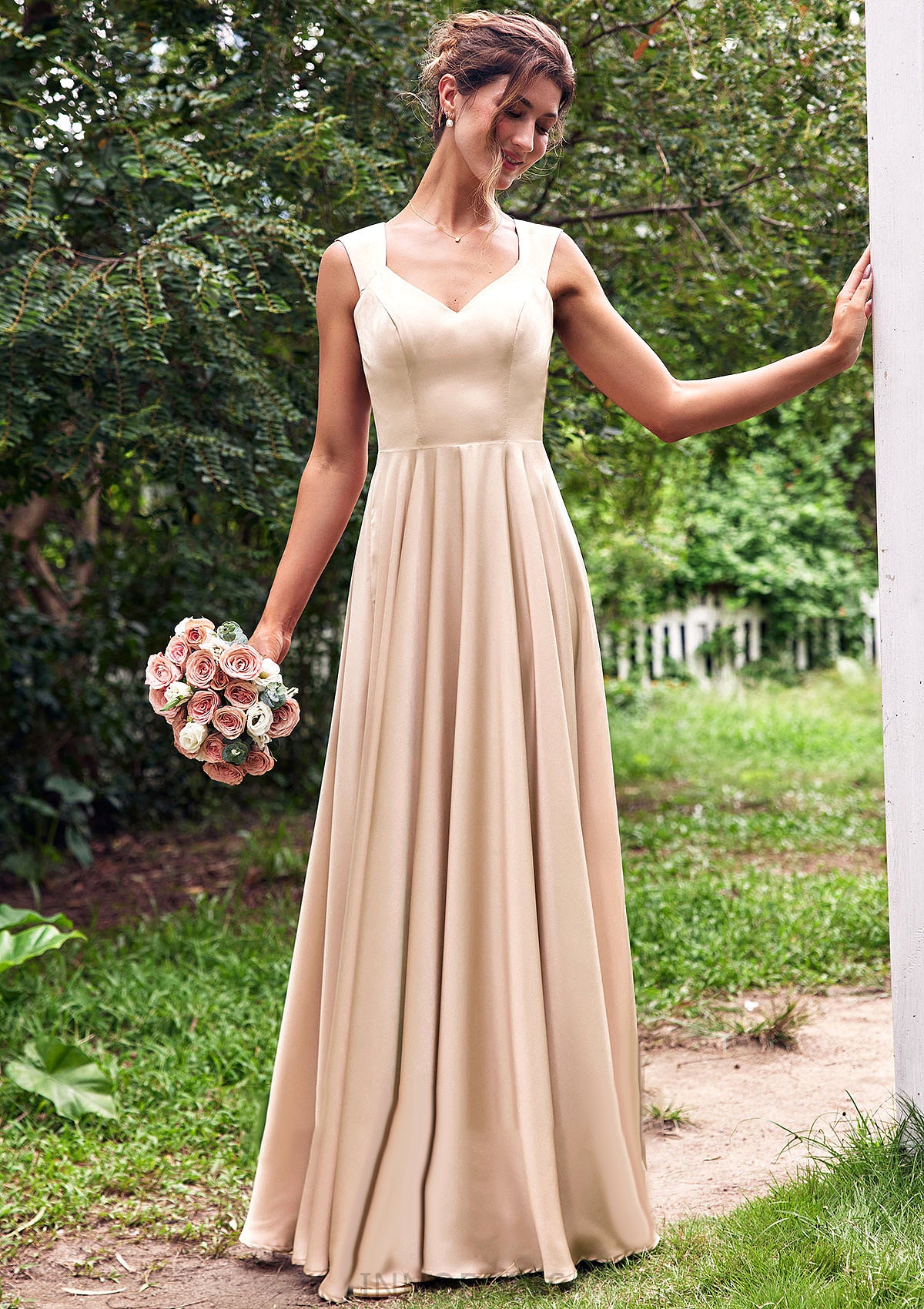 A-line V Neck Sleeveless Floor-Length Stretch Satin Bridesmaid Dresses with Pleated Marianna DPP0025266