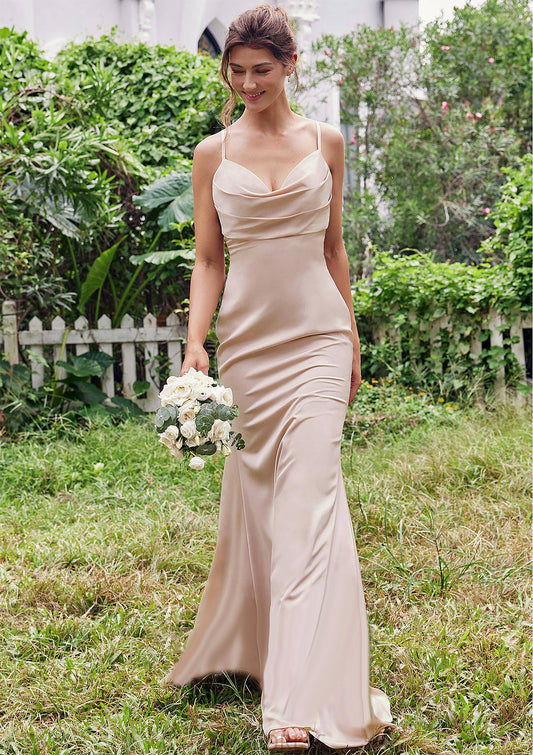 Sheath/Column V Neck Sleeveless Floor-Length Stretch Satin Bridesmaid Dresses with Pleated Amiya DPP0025267