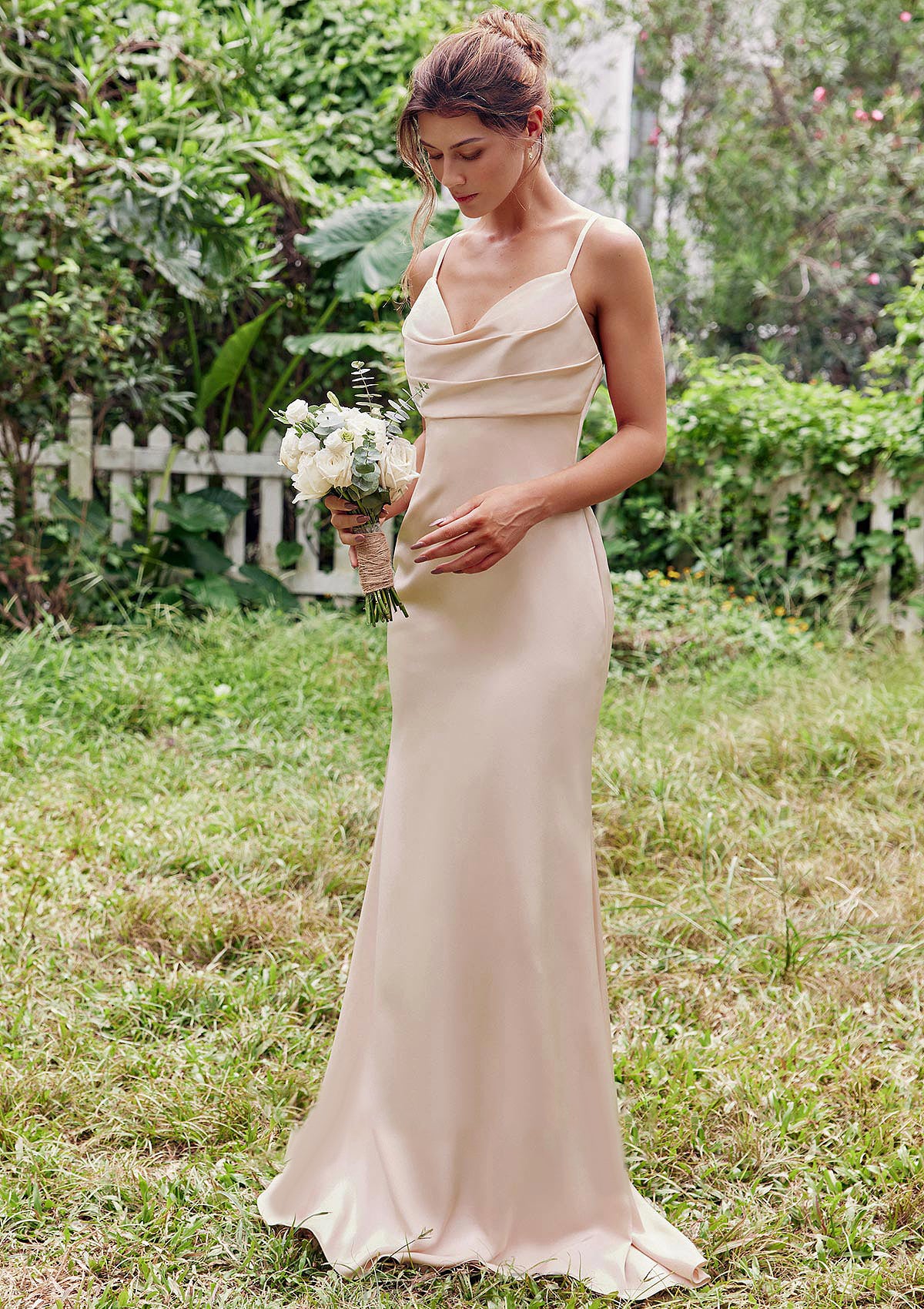 Sheath/Column V Neck Sleeveless Floor-Length Stretch Satin Bridesmaid Dresses with Pleated Amiya DPP0025267