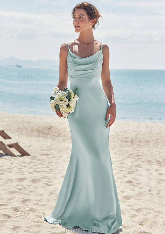 Sheath/Column V Neck Sleeveless Floor-Length Stretch Satin Bridesmaid Dresses with Pleated Lucy DPP0025268