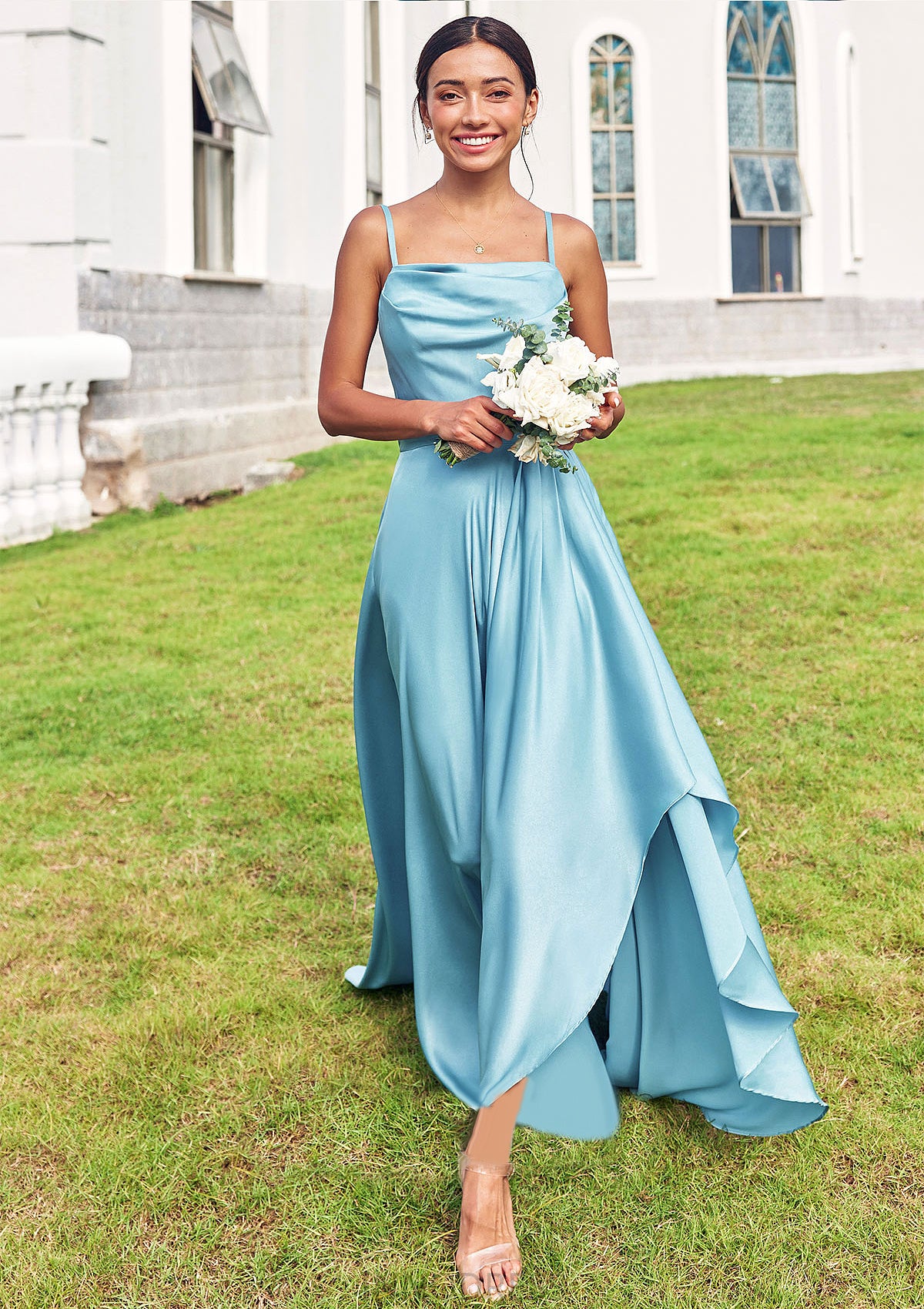 A-line Cowl Neck Sleeveless Floor-Length Stretch Satin Bridesmaid Dresses with Pleated Ruffles Split Yasmin DPP0025270