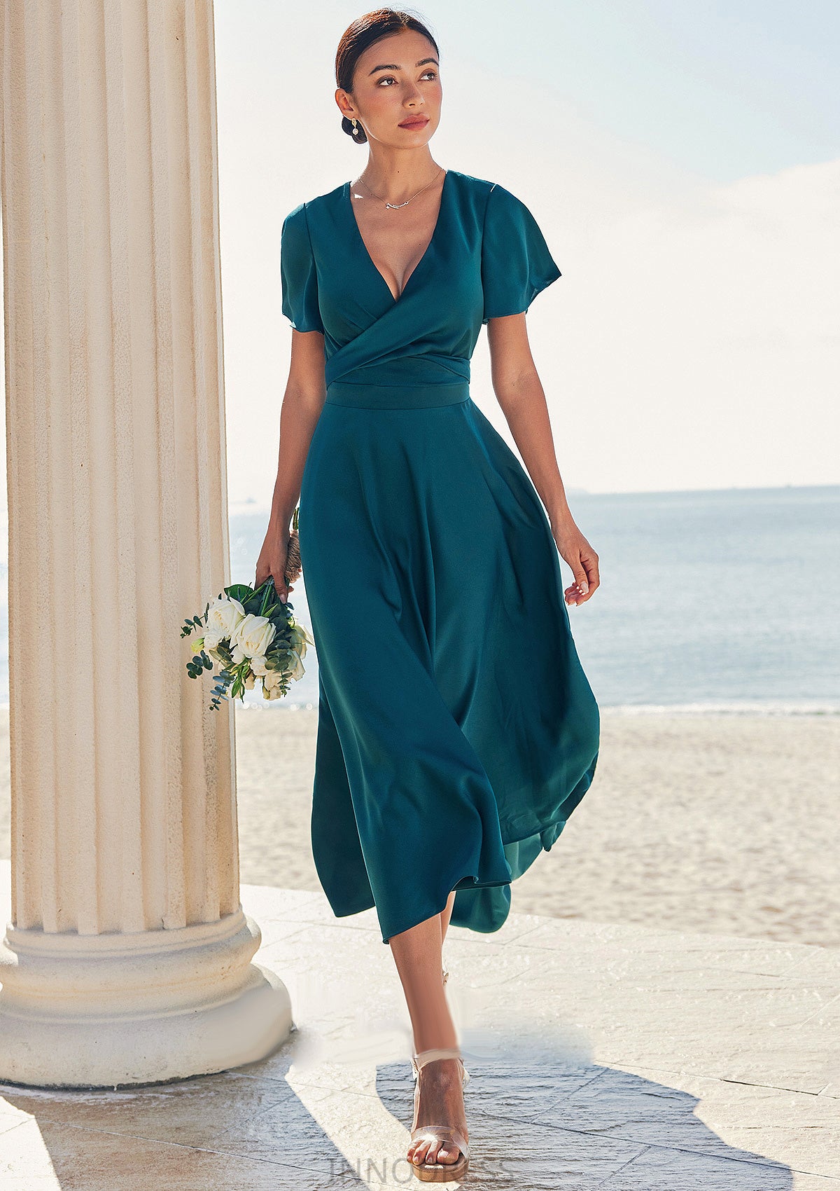 A-line V Neck Short Sleeve Asymmetrical Stretch Satin Bridesmaid Dresses with Bowknot Sashes Winifred DPP0025272