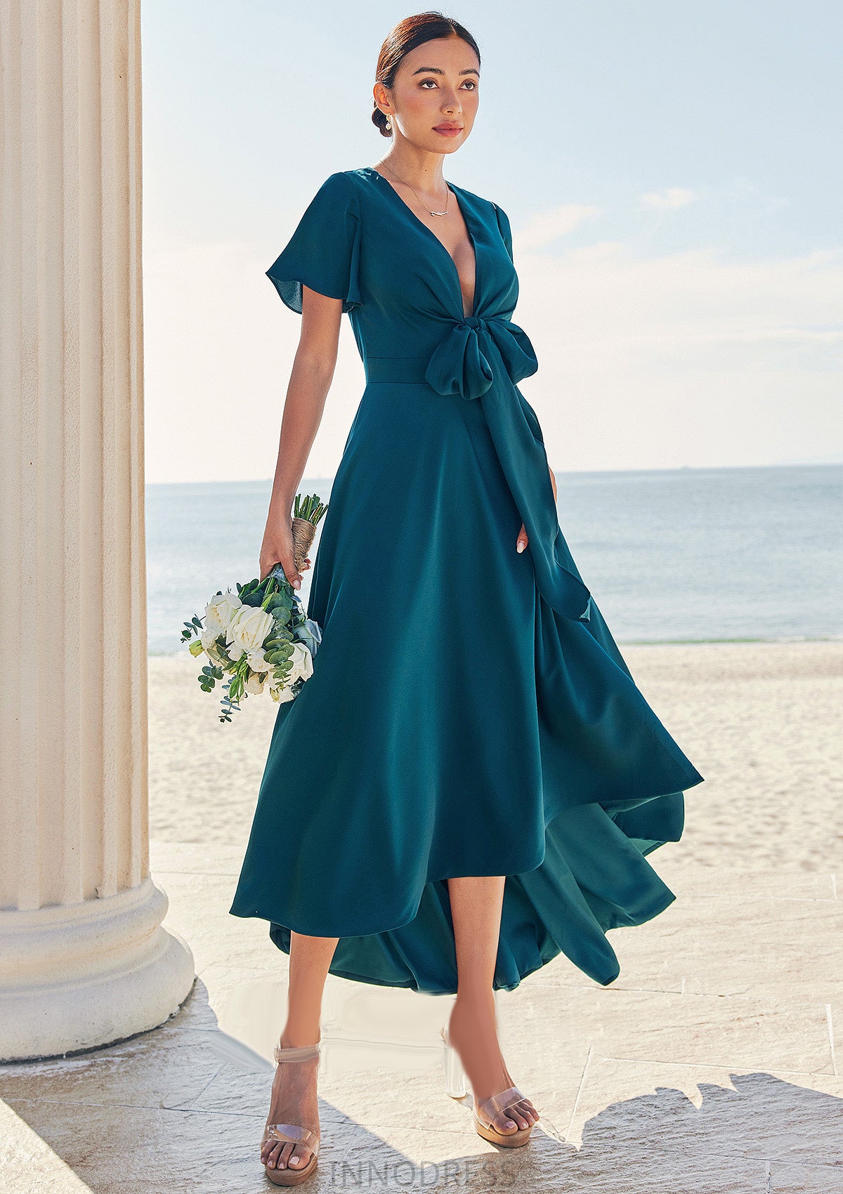 A-line V Neck Short Sleeve Asymmetrical Stretch Satin Bridesmaid Dresses with Bowknot Sashes Winifred DPP0025272