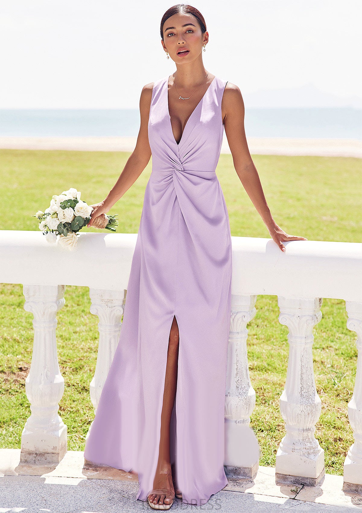 A-line V Neck Sleeveless Floor-Length Stretch Satin Bridesmaid Dresses with Pleated Split Aurora DPP0025276