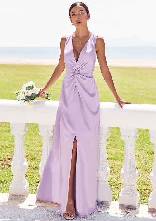 A-line V Neck Sleeveless Floor-Length Stretch Satin Bridesmaid Dresses with Pleated Split Aurora DPP0025276