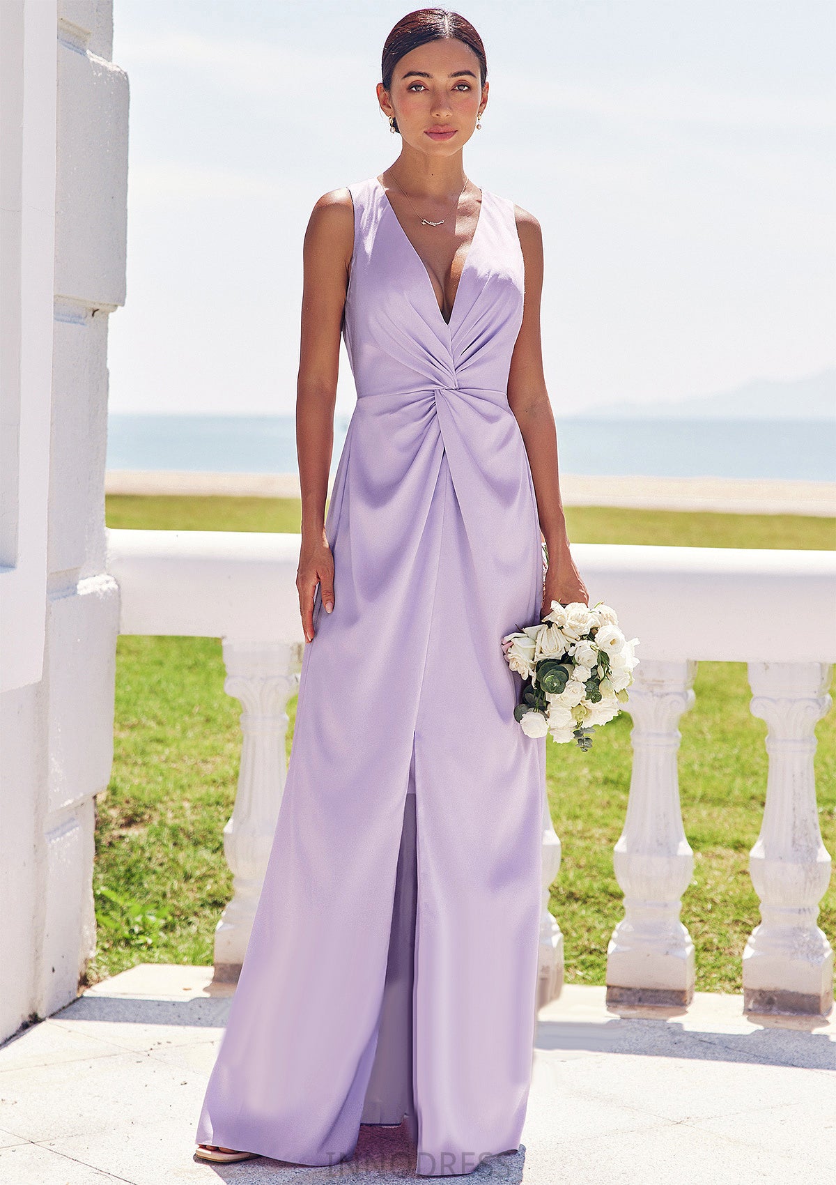 A-line V Neck Sleeveless Floor-Length Stretch Satin Bridesmaid Dresses with Pleated Split Aurora DPP0025276