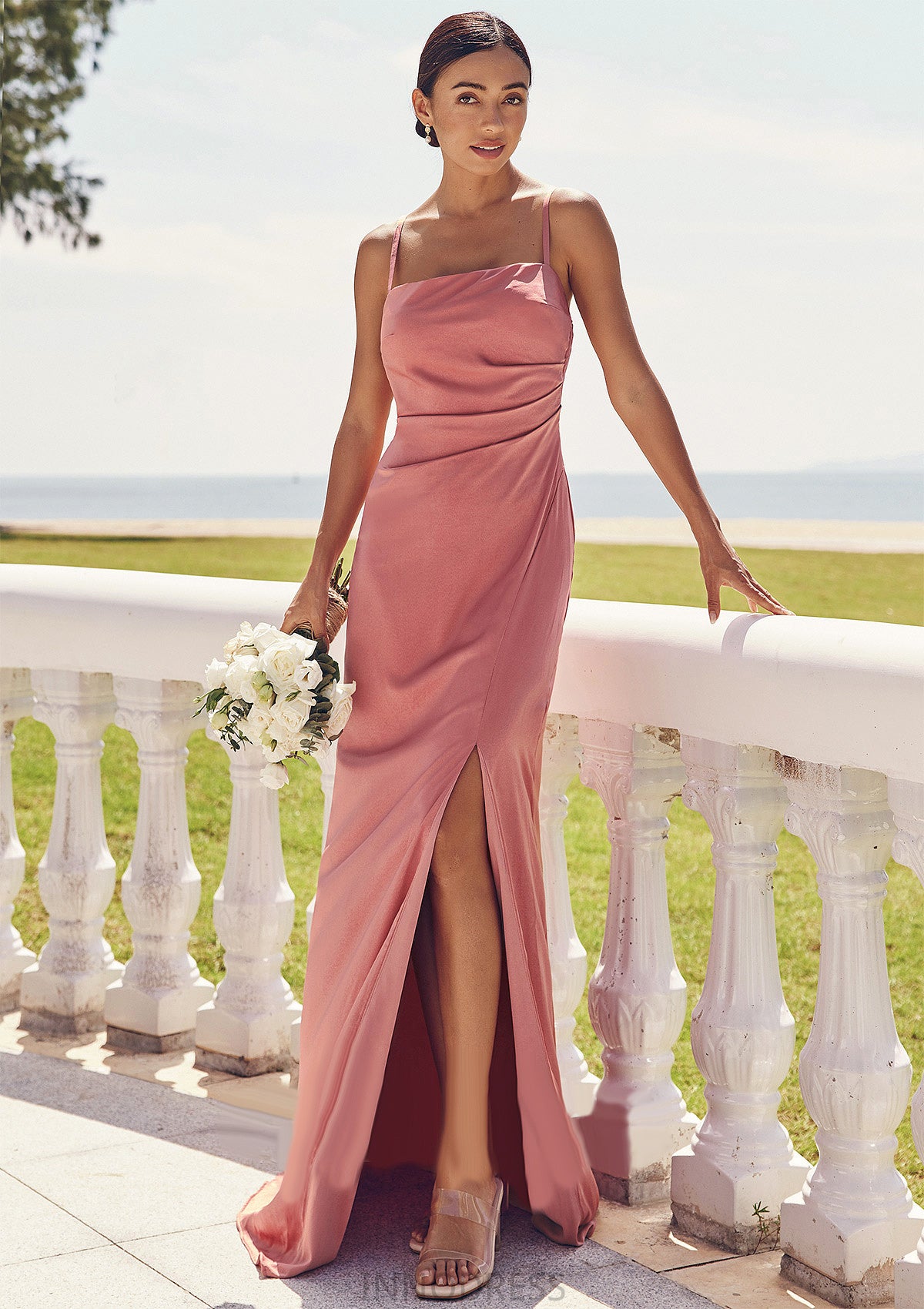 Sheath/Column Square Neckline Sleeveless Floor-Length Stretch Satin Bridesmaid Dresses with Pleated Split Susanna DPP0025277