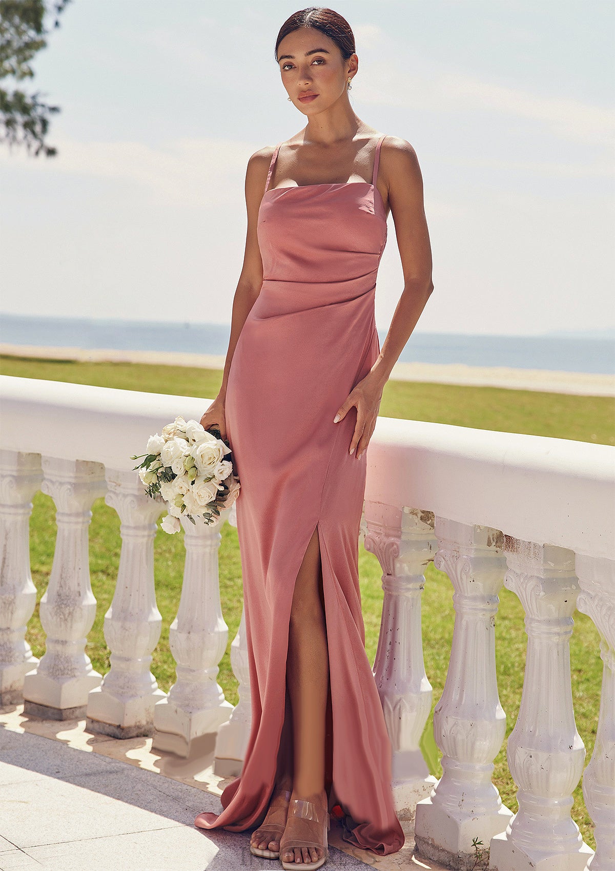 Sheath/Column Square Neckline Sleeveless Floor-Length Stretch Satin Bridesmaid Dresses with Pleated Split Susanna DPP0025277