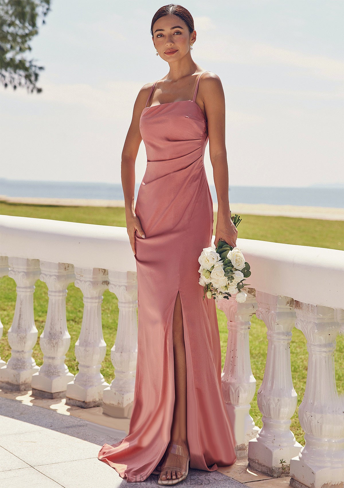 Sheath/Column Square Neckline Sleeveless Floor-Length Stretch Satin Bridesmaid Dresses with Pleated Split Susanna DPP0025277