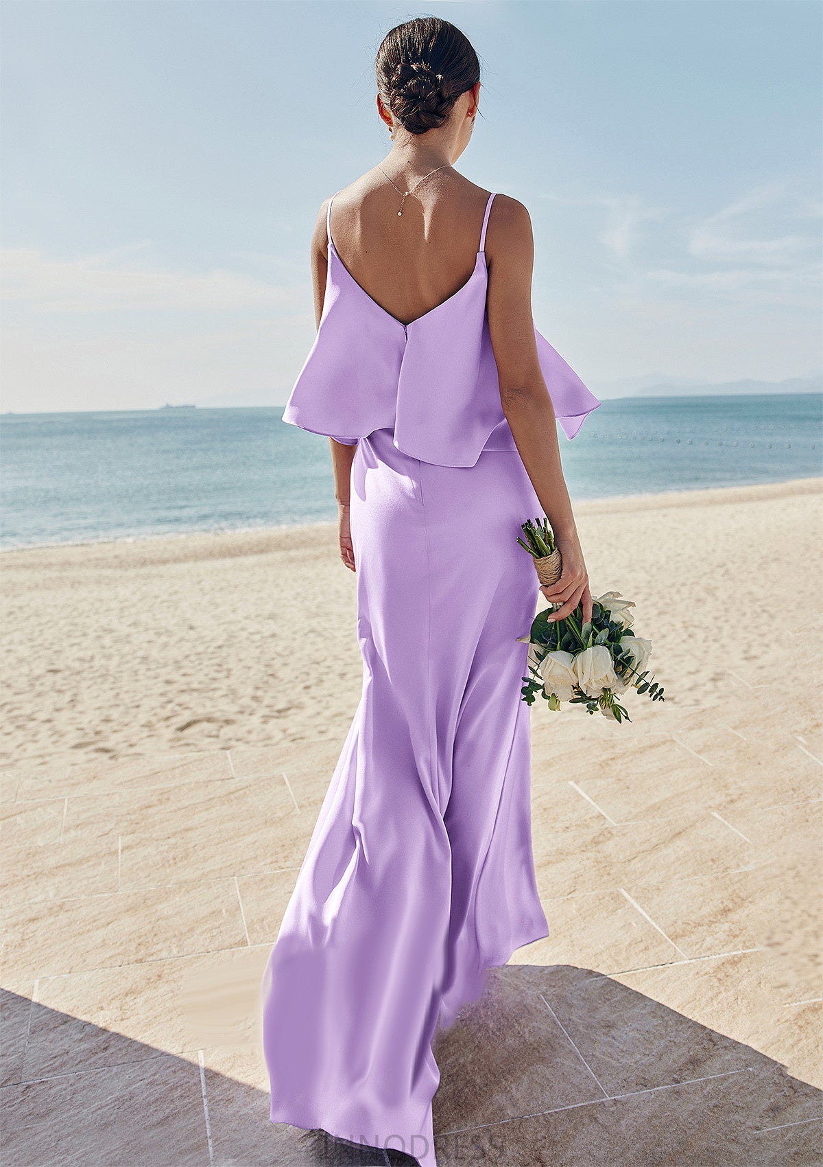 Sheath/Column V Neck Sleeveless Floor-Length Stretch Satin Bridesmaid Dresses with Ruffles Marian DPP0025278