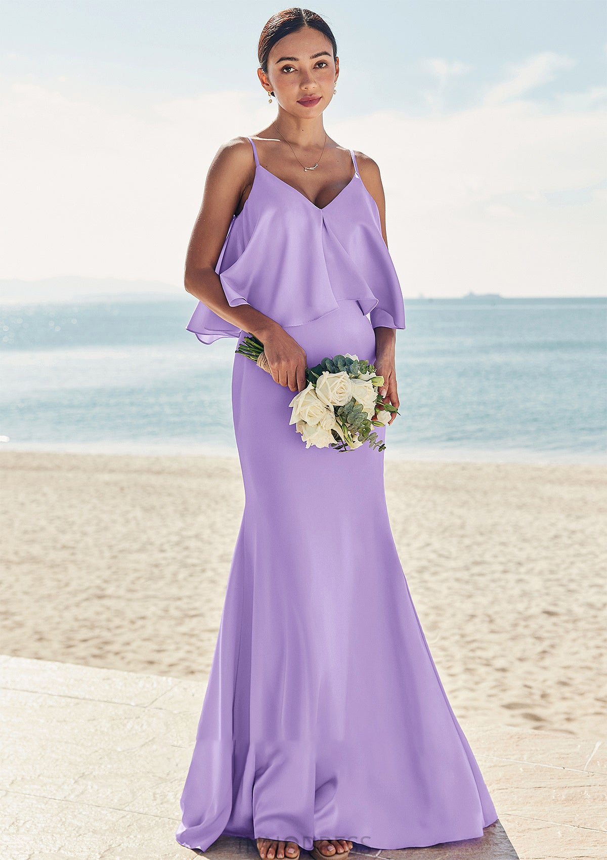 Sheath/Column V Neck Sleeveless Floor-Length Stretch Satin Bridesmaid Dresses with Ruffles Marian DPP0025278