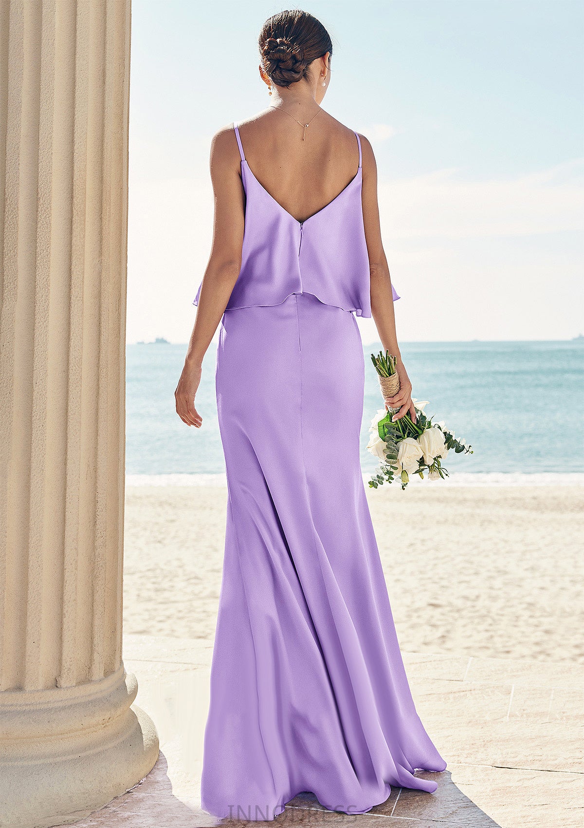 Sheath/Column V Neck Sleeveless Floor-Length Stretch Satin Bridesmaid Dresses with Ruffles Marian DPP0025278