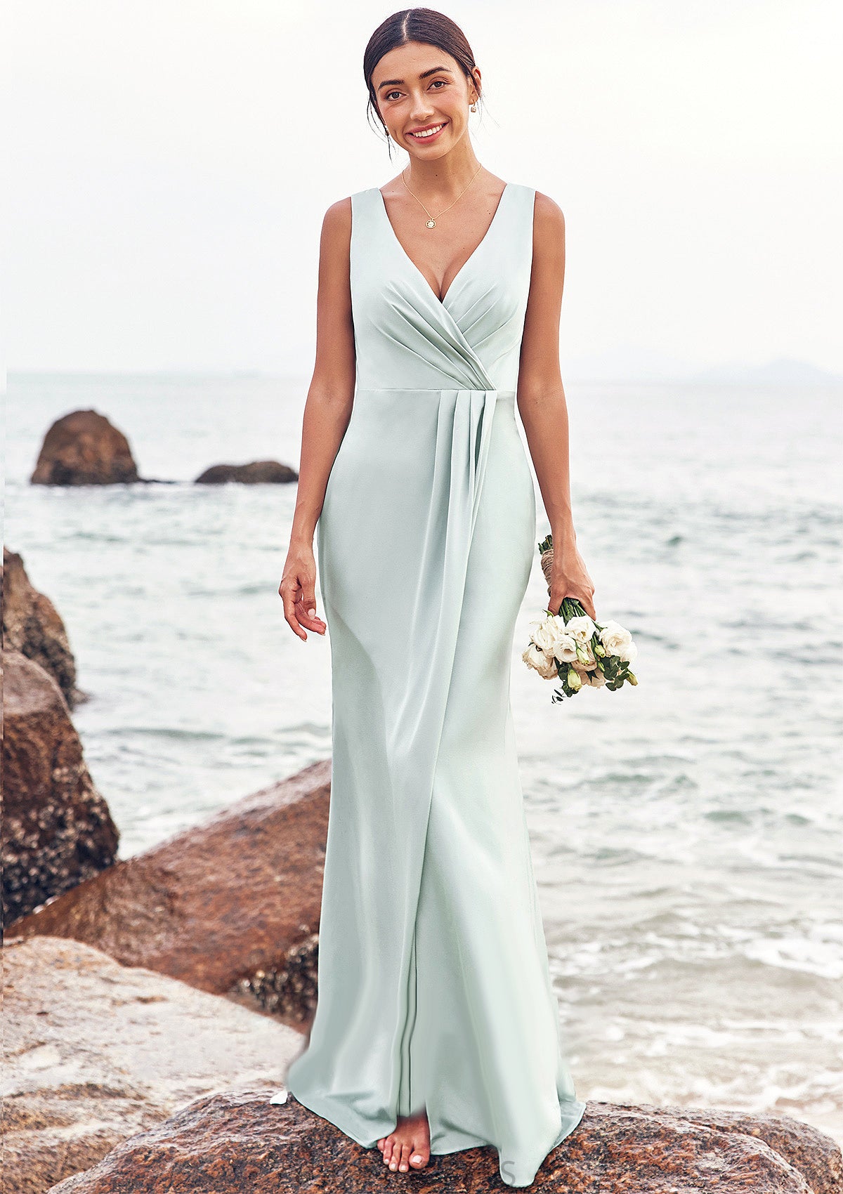 Sheath/Column V Neck Sleeveless Floor-Length Stretch Satin Bridesmaid Dresses with Pleated Split Madge DPP0025279