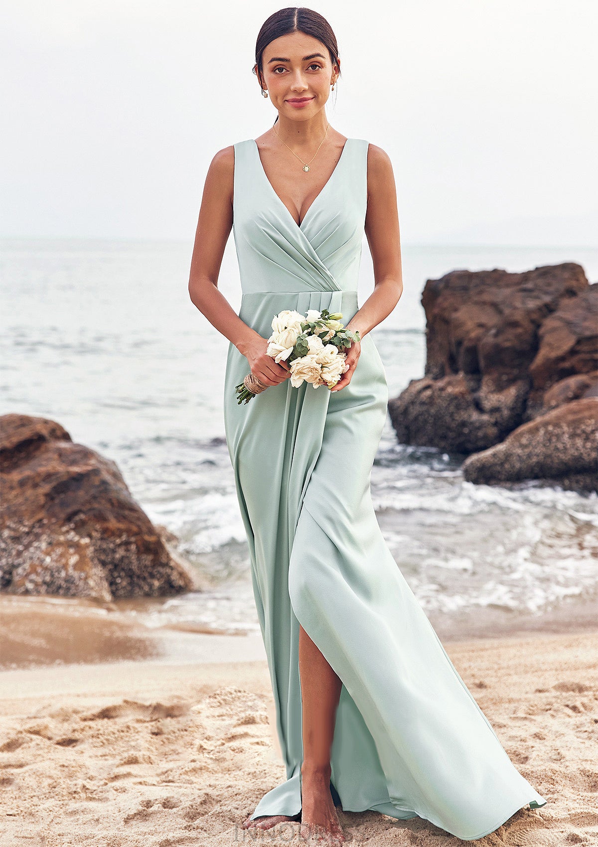 Sheath/Column V Neck Sleeveless Floor-Length Stretch Satin Bridesmaid Dresses with Pleated Split Madge DPP0025279