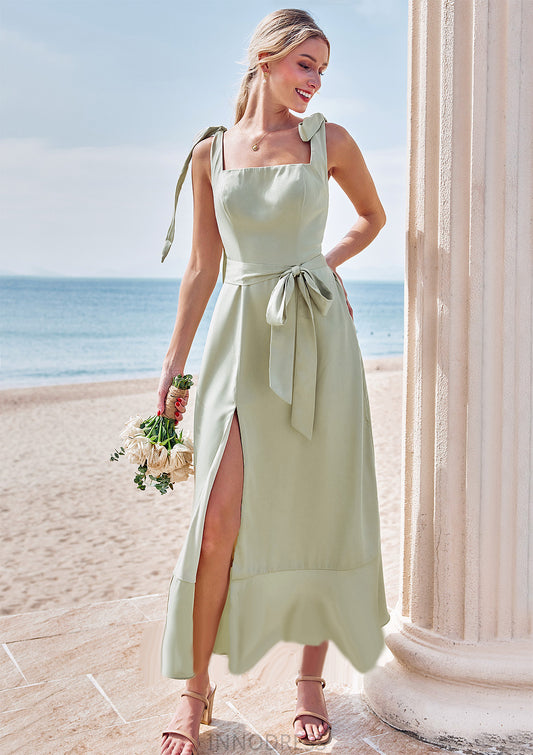 Sheath/Column Square Neckline Sleeveless Tea-Length Stretch Satin Bridesmaid Dresses with Bowknot Ruffles Split Ann DPP0025280