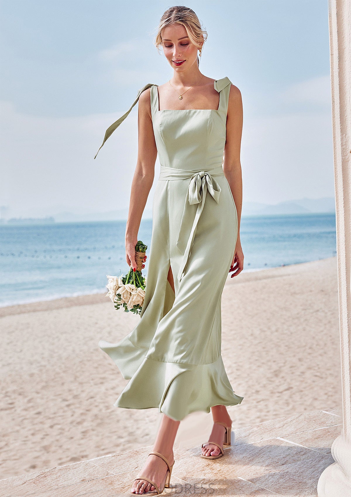 Sheath/Column Square Neckline Sleeveless Tea-Length Stretch Satin Bridesmaid Dresses with Bowknot Ruffles Split Ann DPP0025280