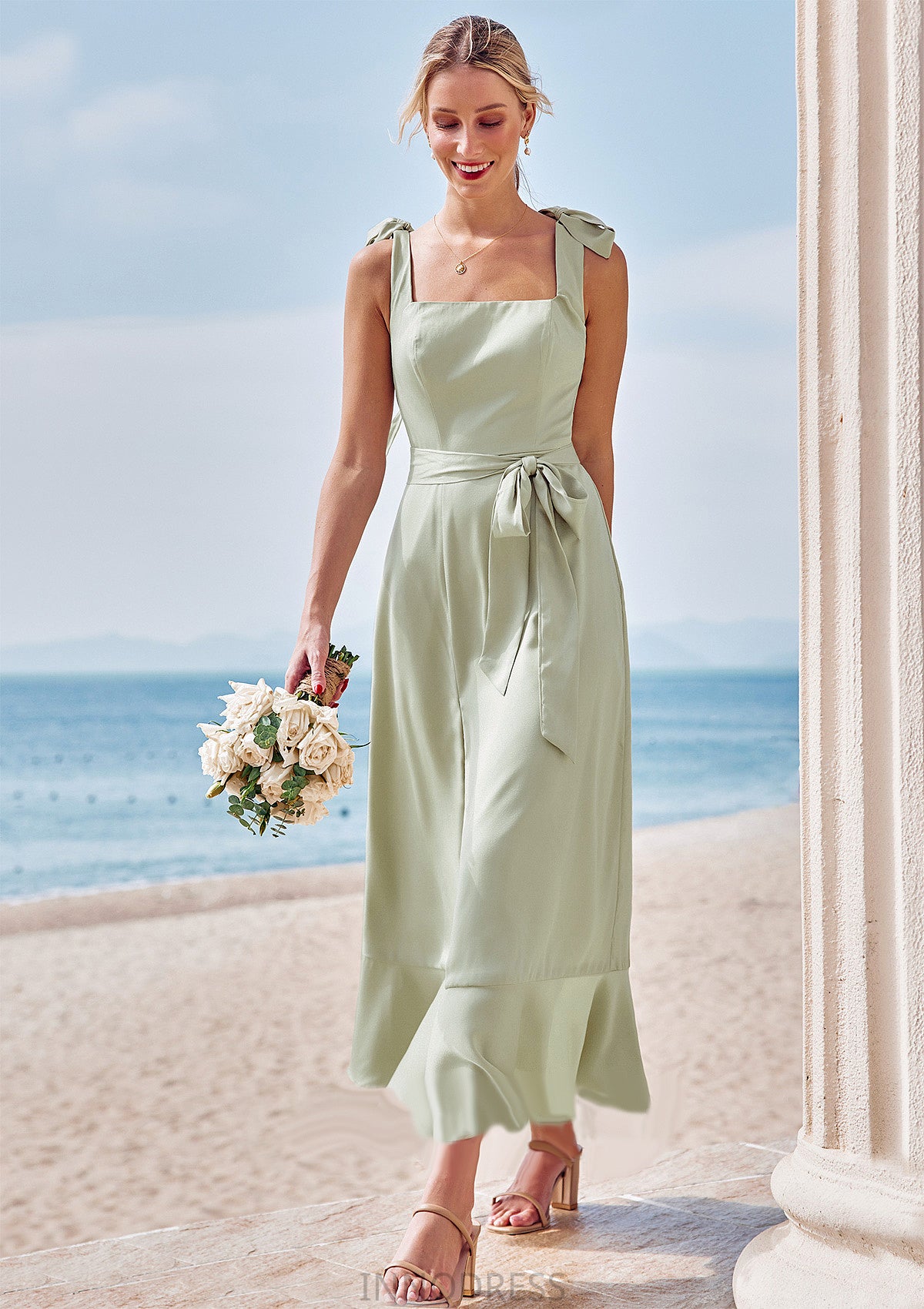 Sheath/Column Square Neckline Sleeveless Tea-Length Stretch Satin Bridesmaid Dresses with Bowknot Ruffles Split Ann DPP0025280