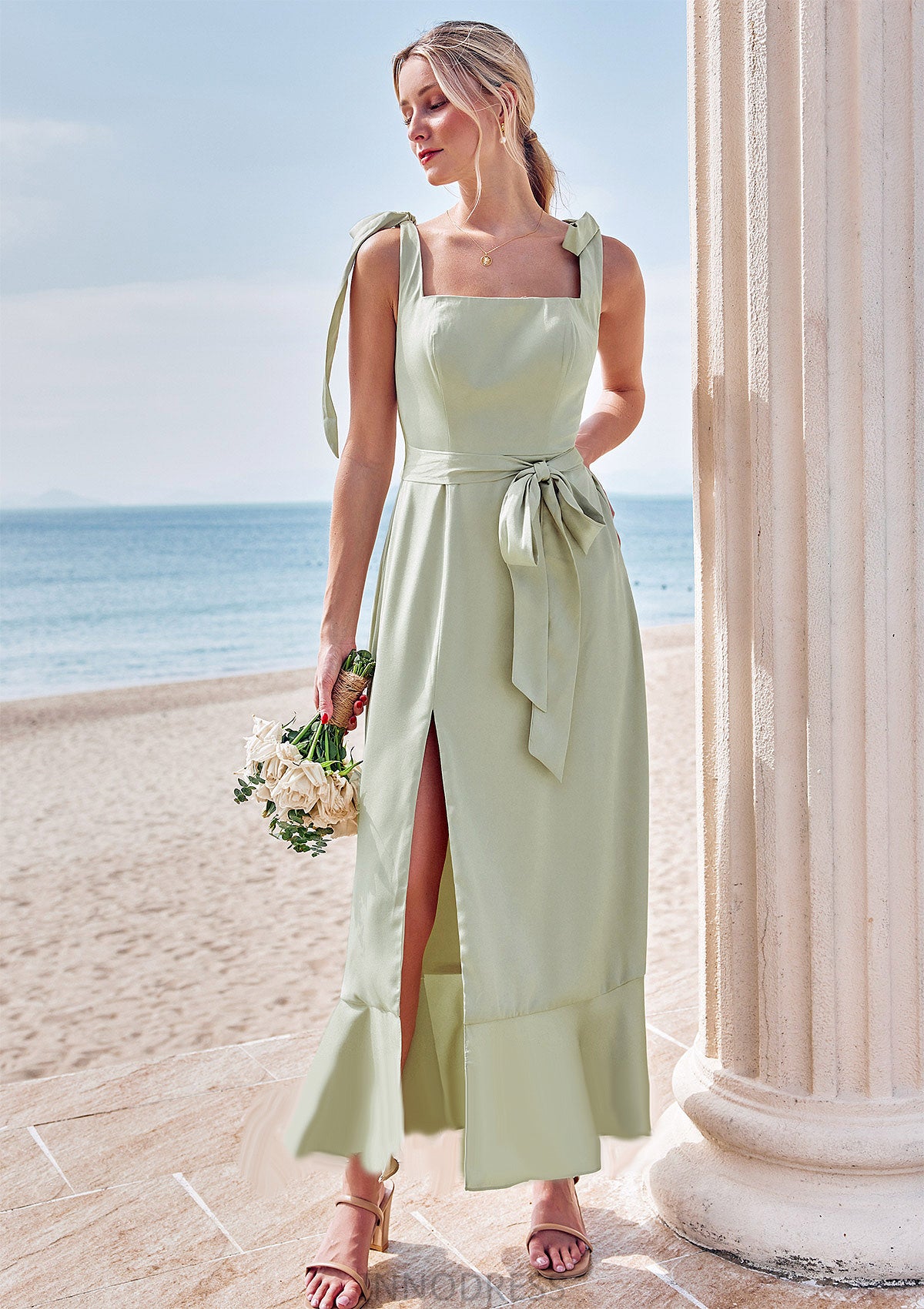 Sheath/Column Square Neckline Sleeveless Tea-Length Stretch Satin Bridesmaid Dresses with Bowknot Ruffles Split Ann DPP0025280