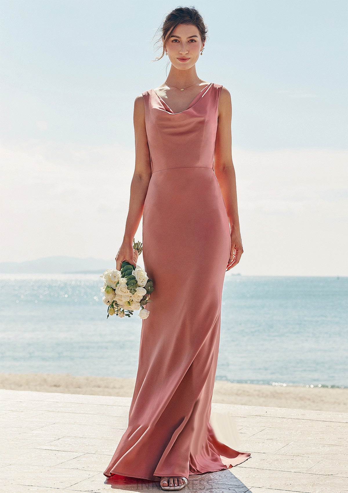 Trumpet/Mermaid Cowl Neck Sleeveless Floor-Length Stretch Satin Bridesmaid Dresses with Sashes Alyvia DPP0025281