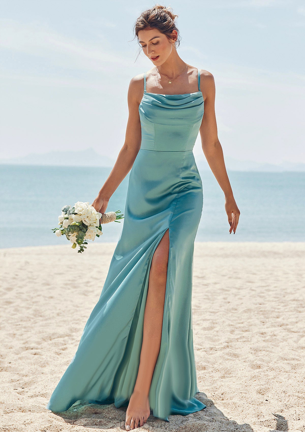 Sheath/Column Square Neckline Sleeveless Floor-Length Stretch Satin Bridesmaid Dresses with Pleated Split Regina DPP0025282