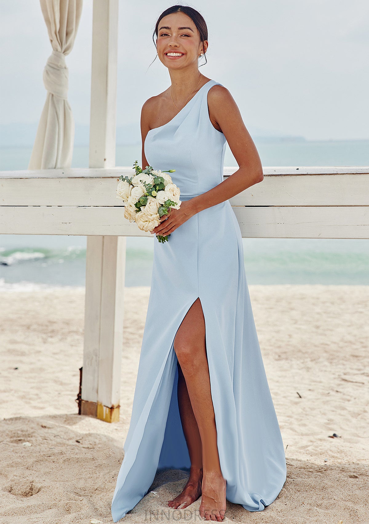 A-line One-Shoulder Sleeveless Floor-Length Stretch Crepe Bridesmaid Dresses with Pleated Split Una DPP0025284