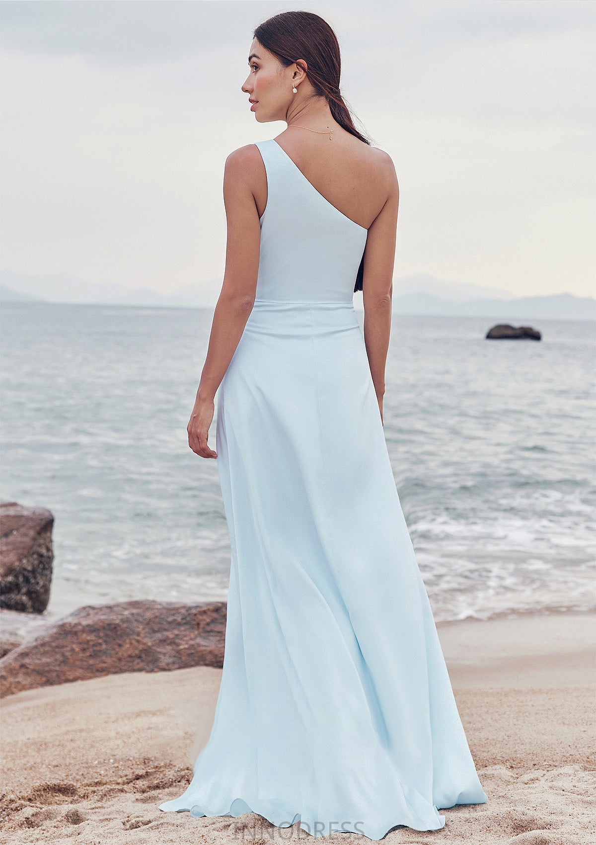 A-line One-Shoulder Sleeveless Floor-Length Stretch Satin Bridesmaid Dresses with Split Makena DPP0025285