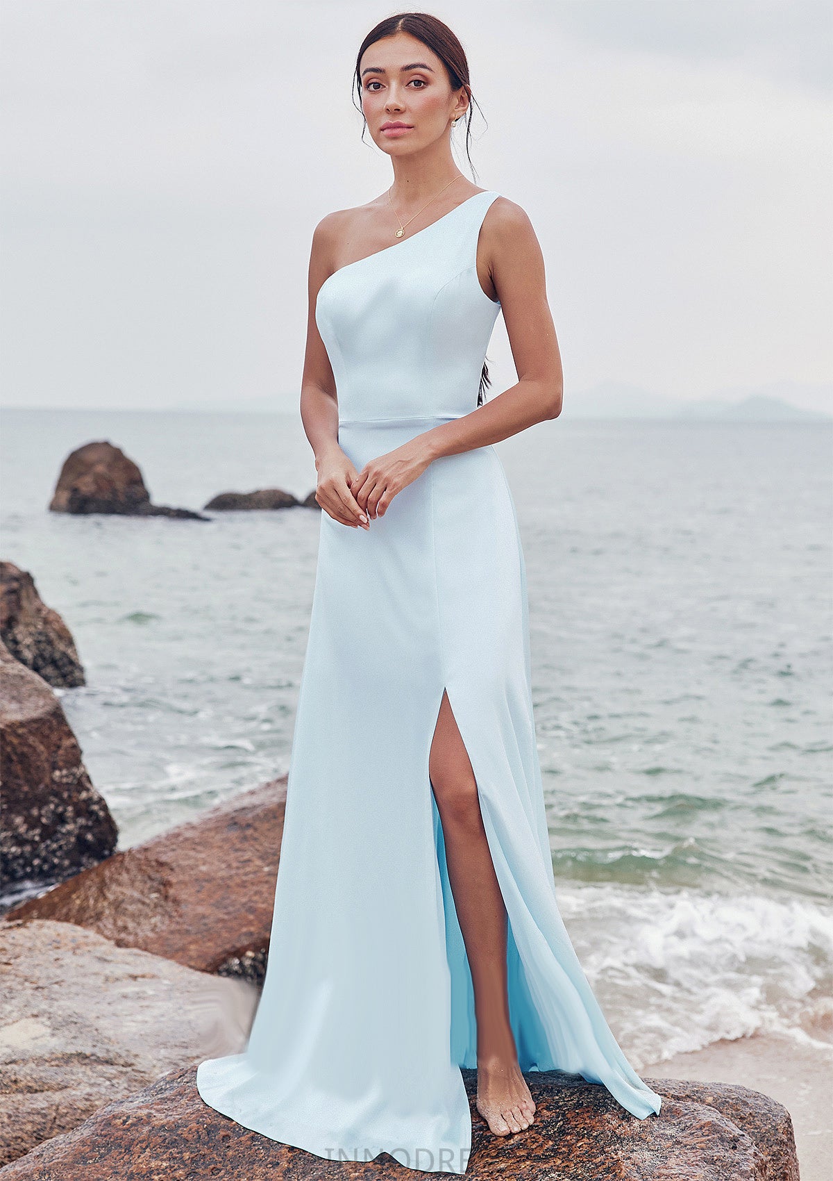 A-line One-Shoulder Sleeveless Floor-Length Stretch Satin Bridesmaid Dresses with Split Makena DPP0025285