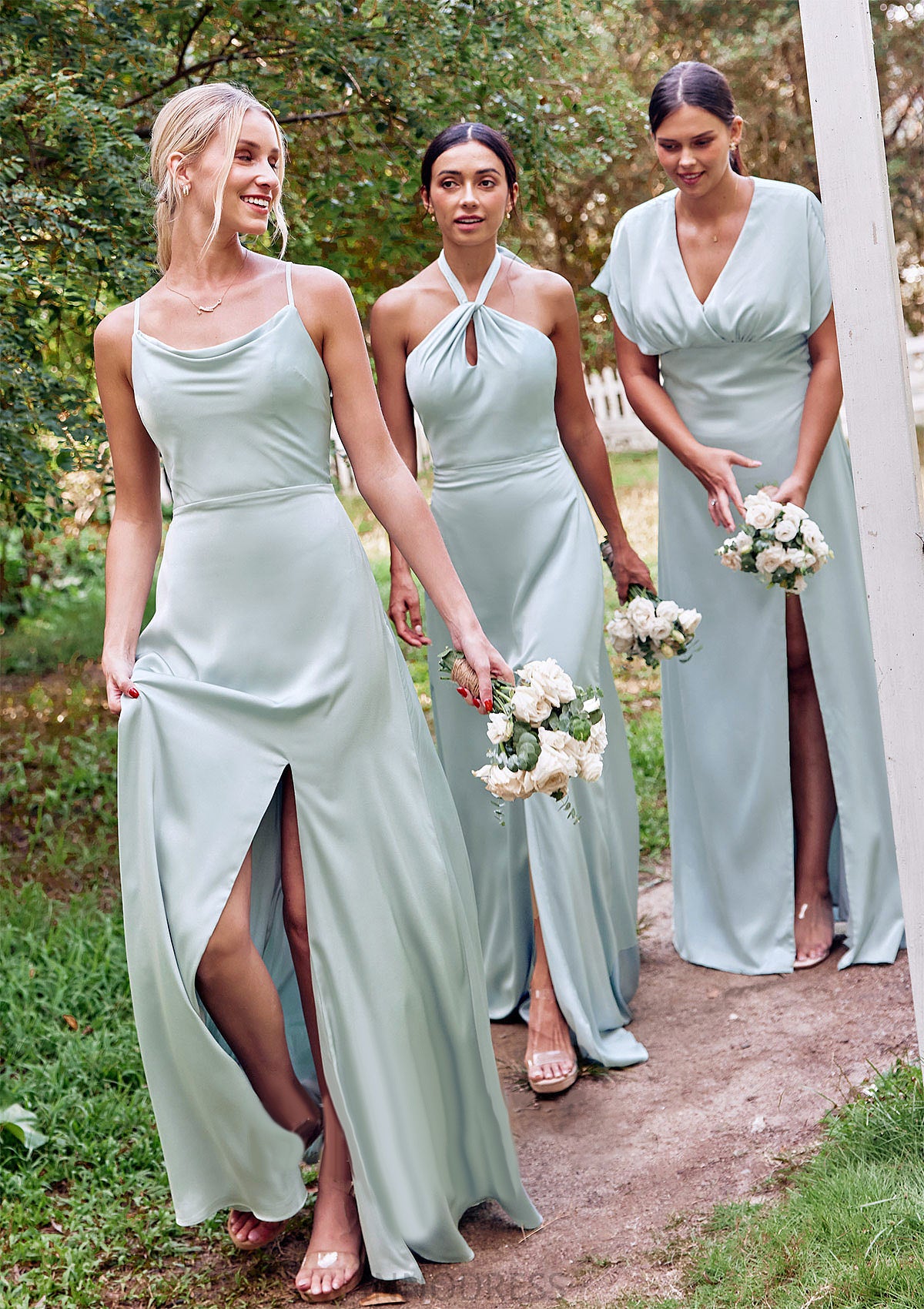 A-line Halter Sleeveless Floor-Length Stretch Satin Bridesmaid Dresses with Split Monique DPP0025287