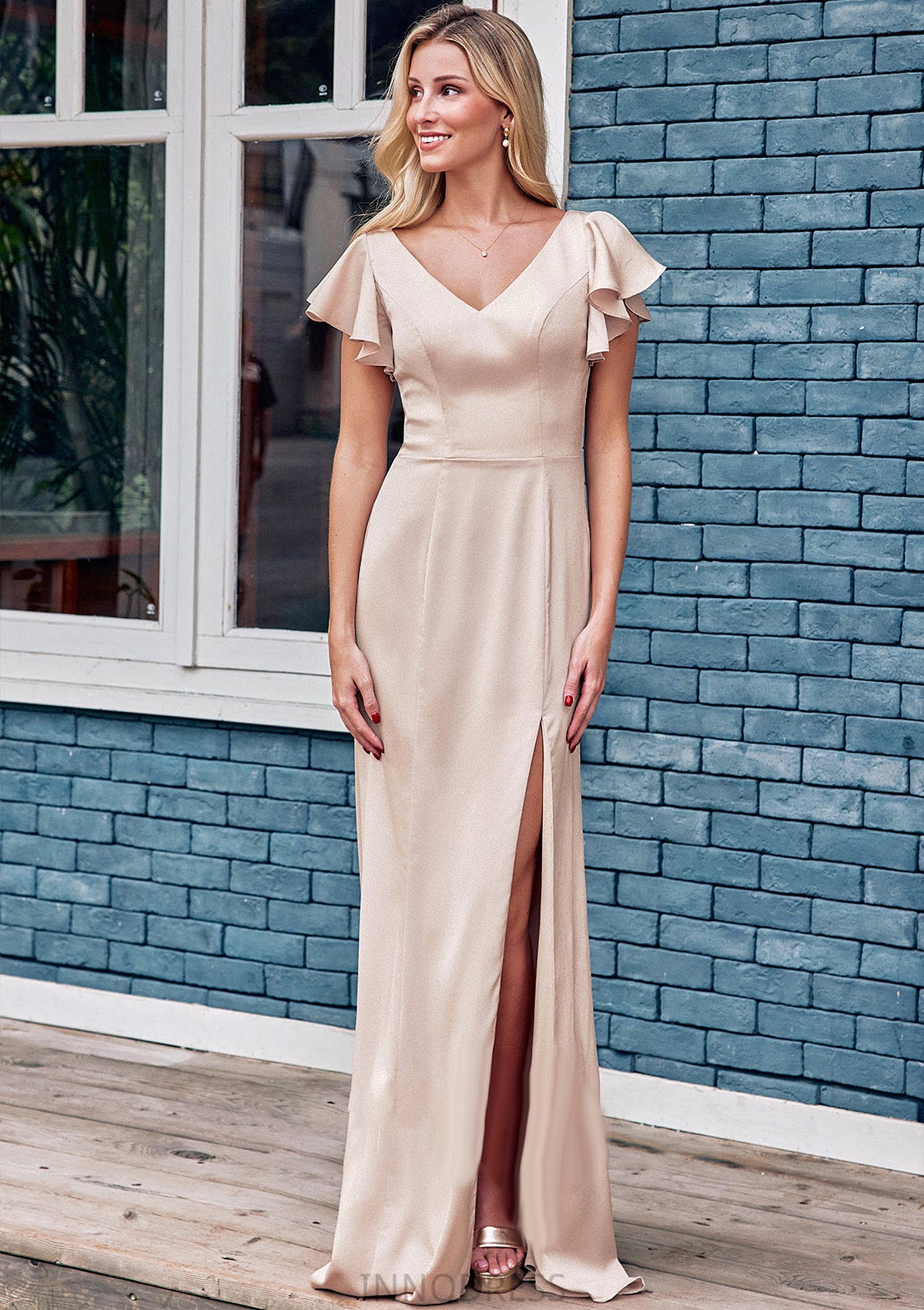 Sheath/Column V Neck Short Sleeve Floor-Length Stretch Satin Bridesmaid Dresses with Ruffles Split Miracle DPP0025290