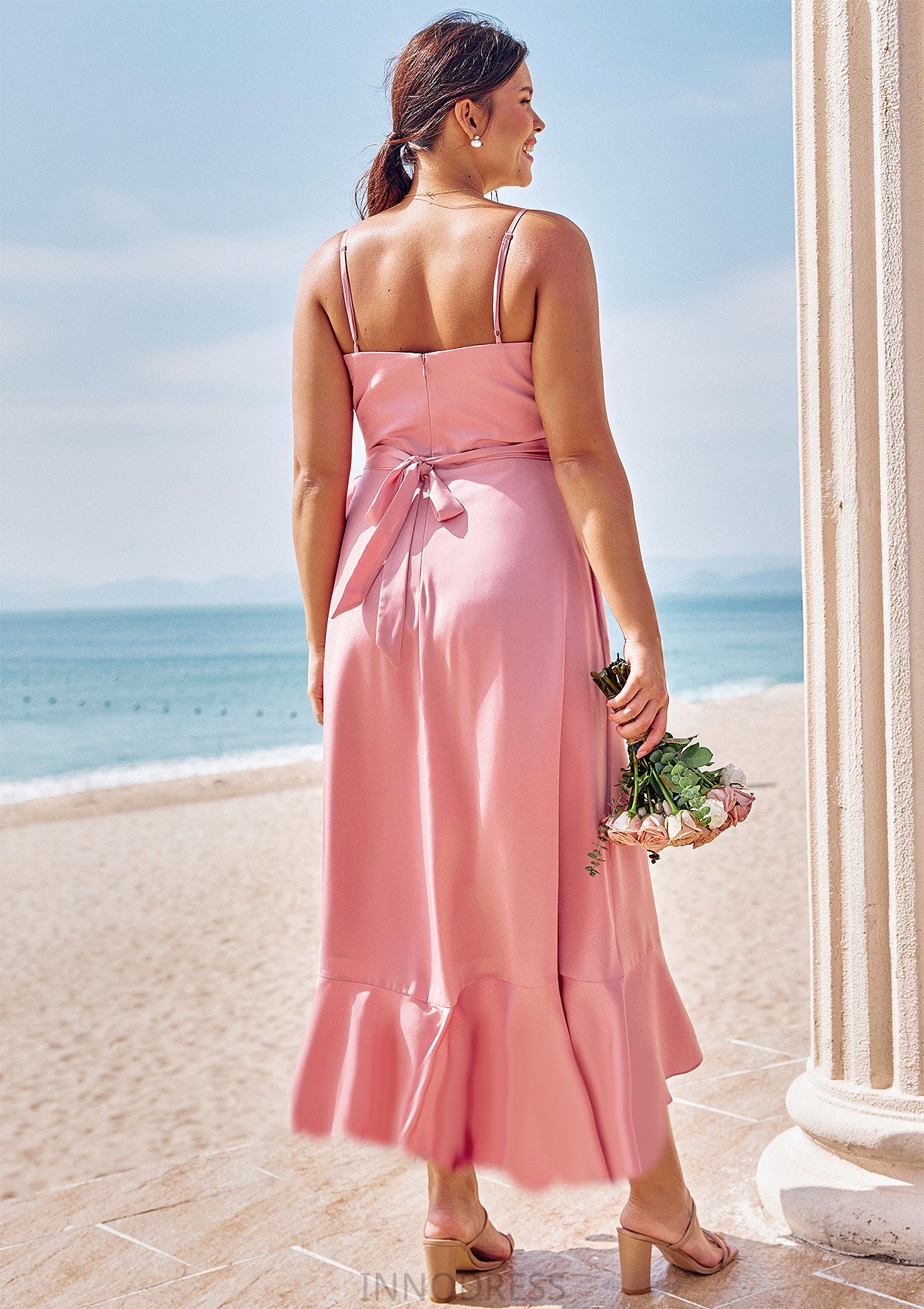 A-line V Neck Sleeveless Asymmetrical Stretch Satin Bridesmaid Dresses with Sashes Ruffles Annabel DPP0025292