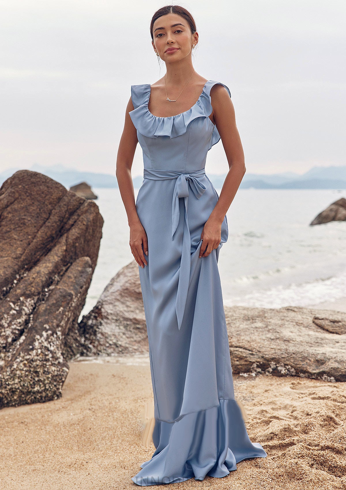 Sheath/Column Scoop Neck Sleeveless Floor-Length Stretch Satin Bridesmaid Dresses with Sashes Ruffles Carina DPP0025293